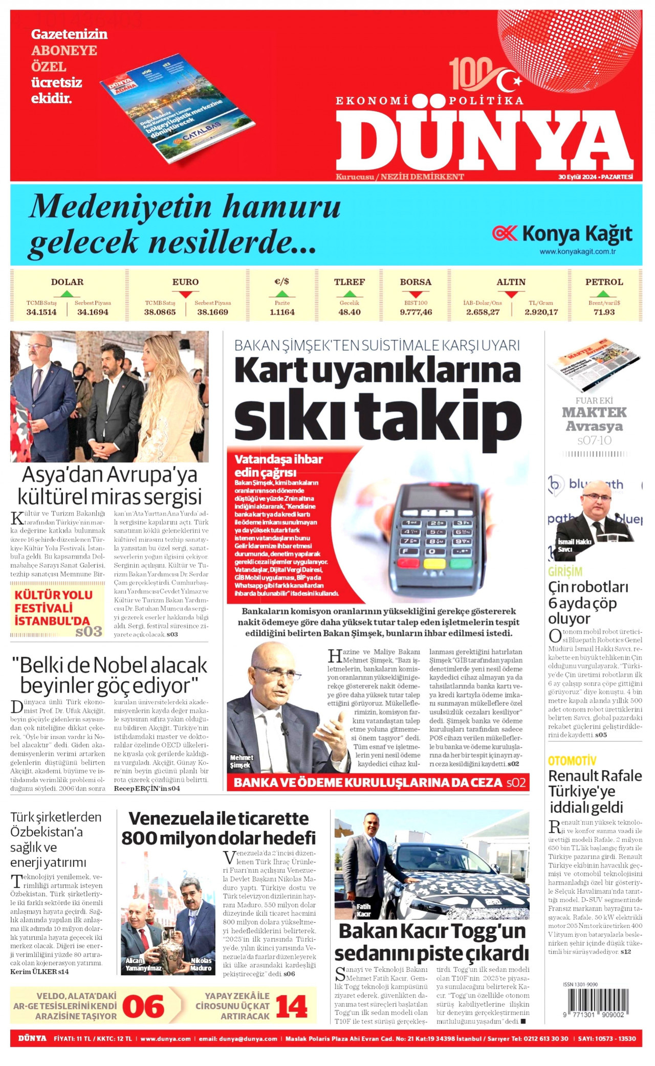 DÜNYA gazetesinin 30 Eylül 2024 tarihli birinci sayfası