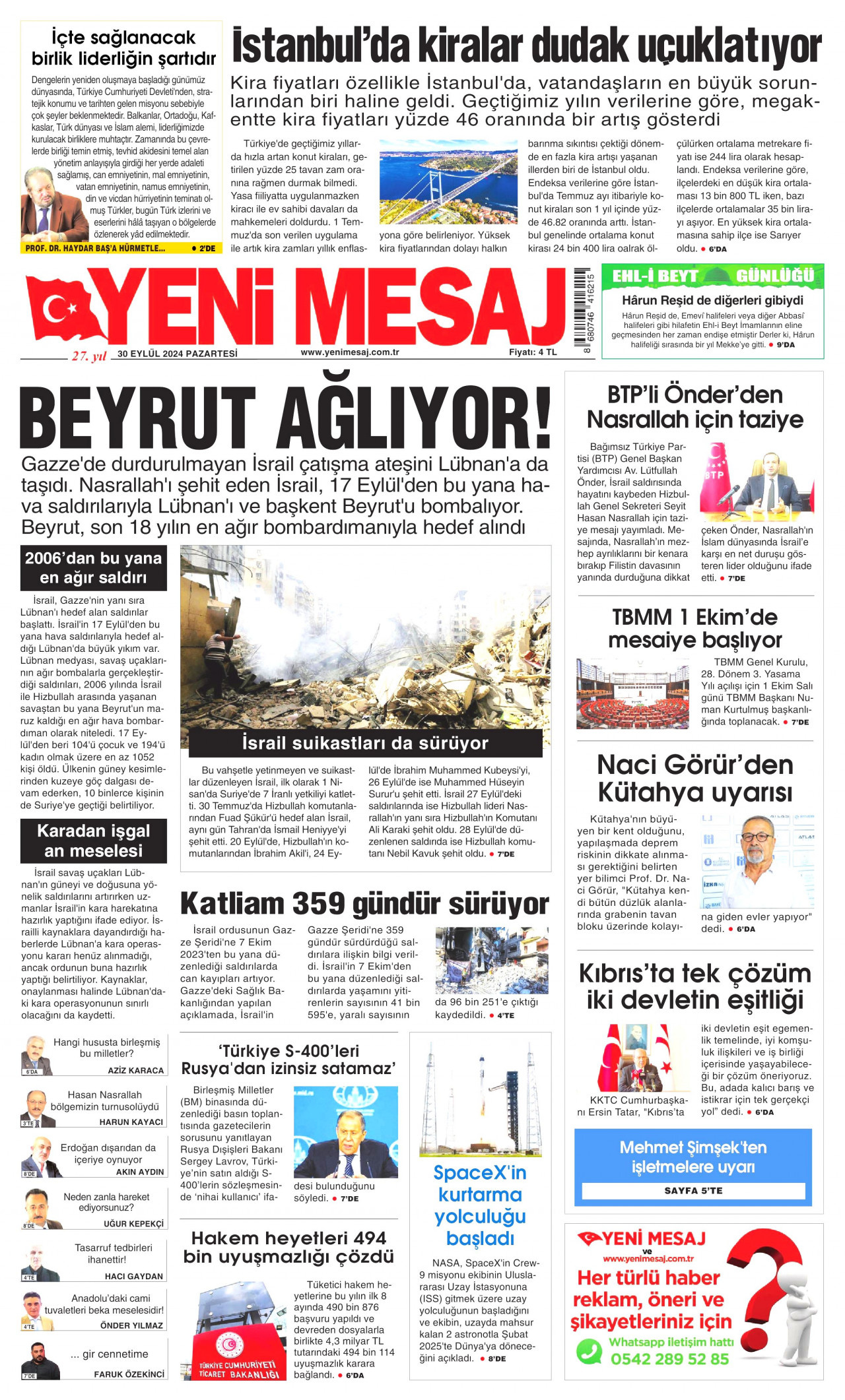YENİ MESAJ gazetesinin 30 Eylül 2024 tarihli birinci sayfası