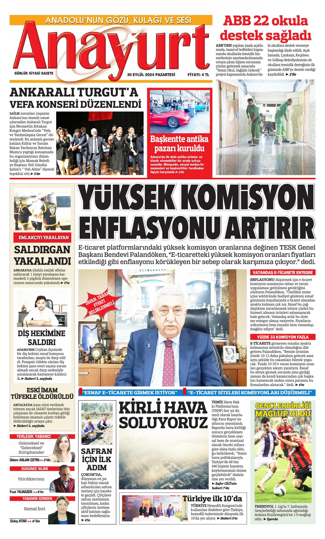 ANAYURT gazetesinin 30 Eylül 2024 tarihli birinci sayfası