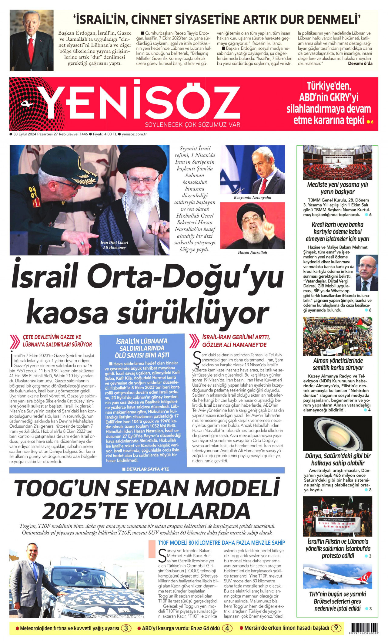 YENİ SÖZ GAZETESİ gazetesinin 30 Eylül 2024 tarihli birinci sayfası