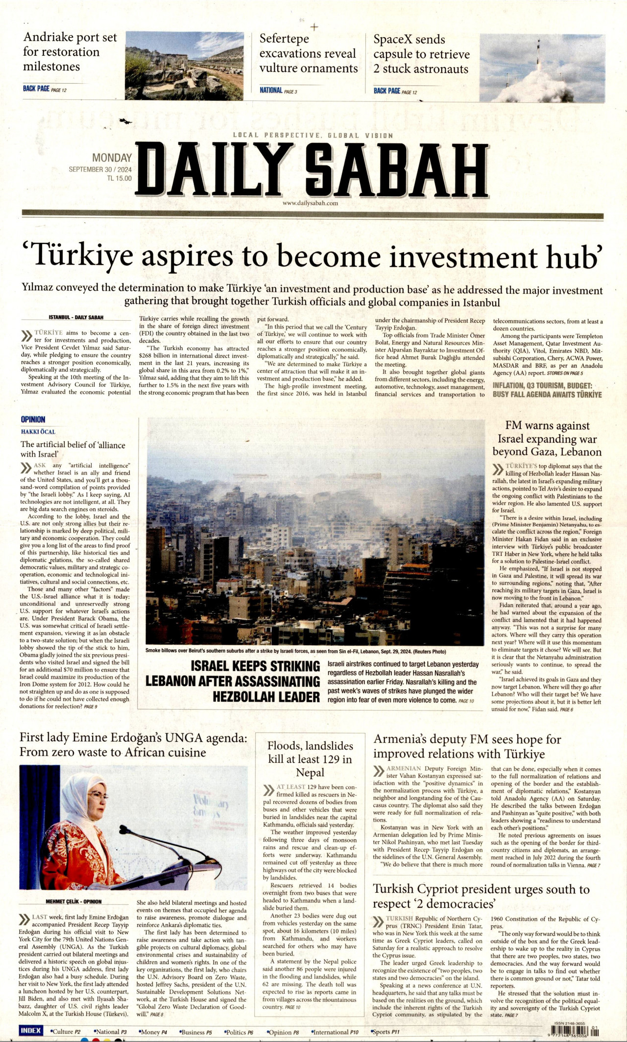 DAİLY SABAH gazetesinin 30 Eylül 2024 tarihli birinci sayfası