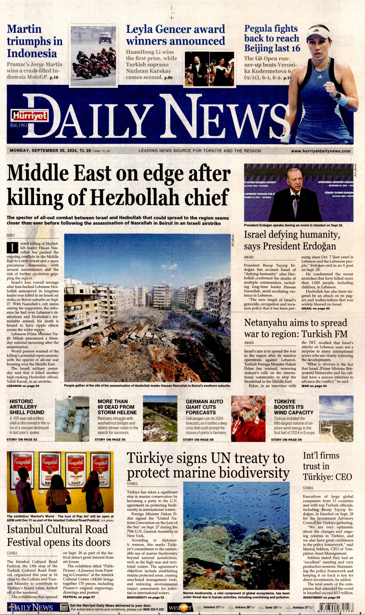 HÜRRİYET DAİLY NEWS gazetesinin 30 Eylül 2024 tarihli birinci sayfası