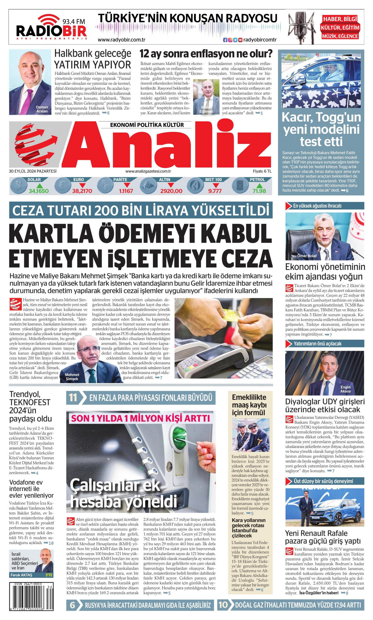 ANALİZ gazetesinin 30 Eylül 2024 tarihli birinci sayfası