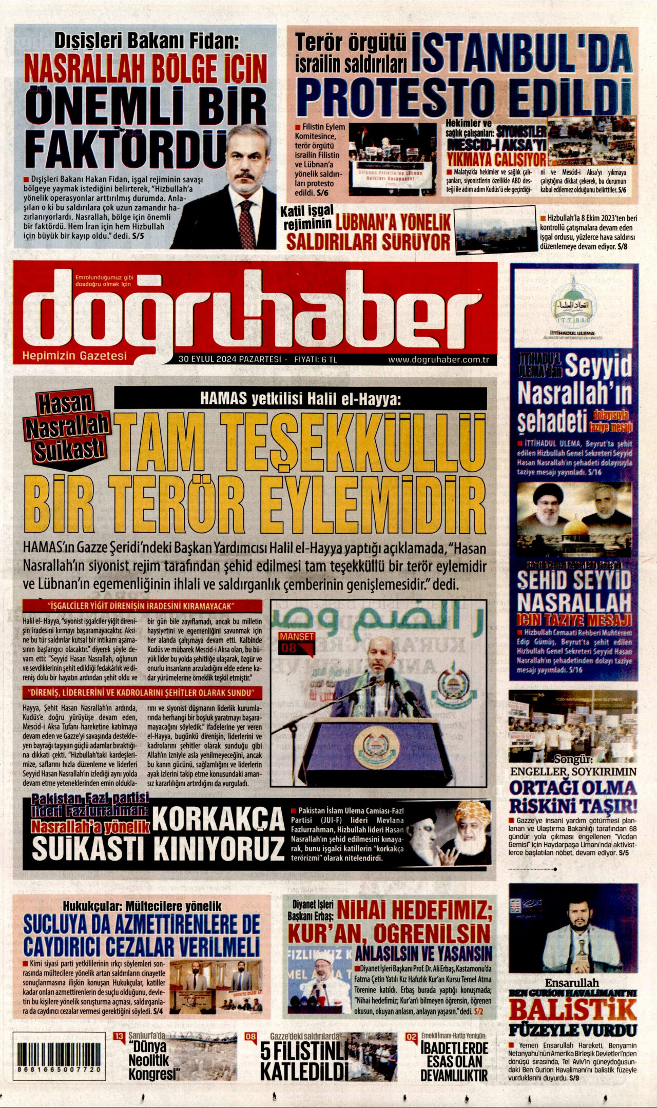 DOĞRU HABER gazetesinin 30 Eylül 2024 tarihli birinci sayfası