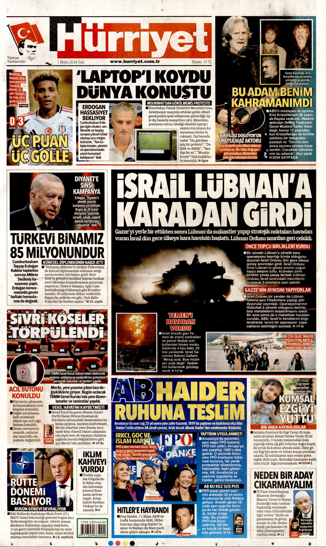 HÜRRİYET gazetesinin 1 Ekim 2024 tarihli birinci sayfası