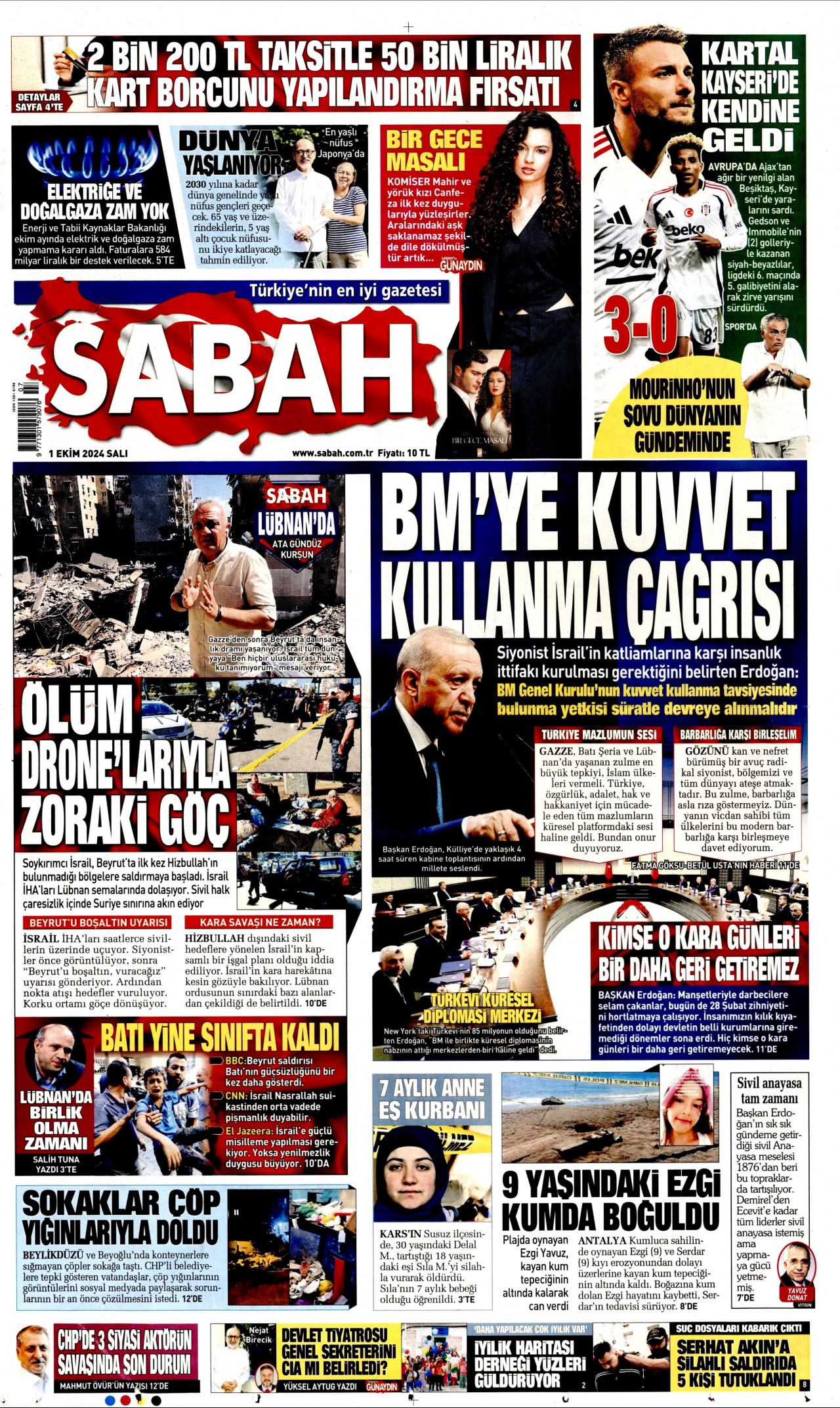 SABAH gazetesinin 1 Ekim 2024 tarihli birinci sayfası