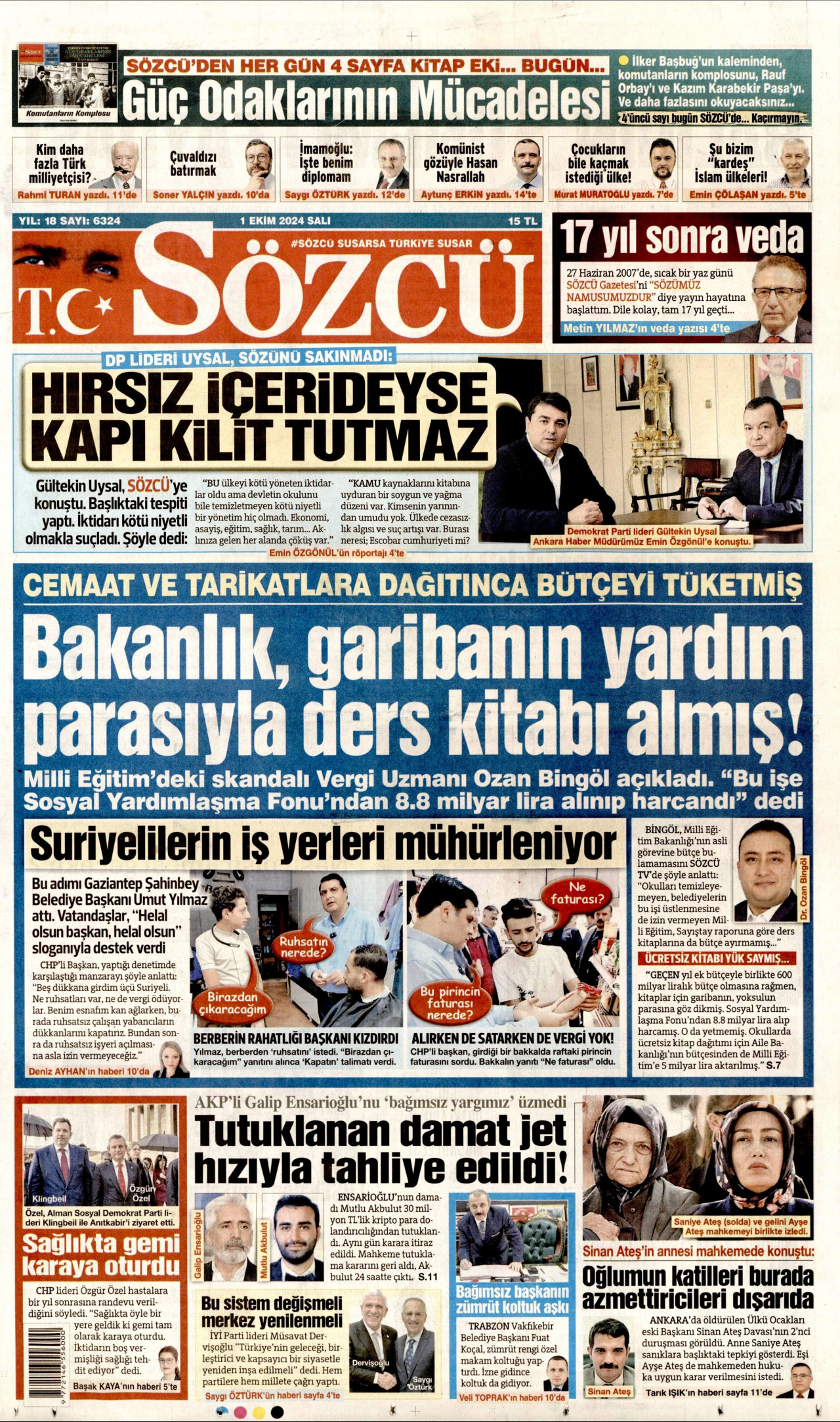 SÖZCÜ gazetesinin 1 Ekim 2024 tarihli birinci sayfası