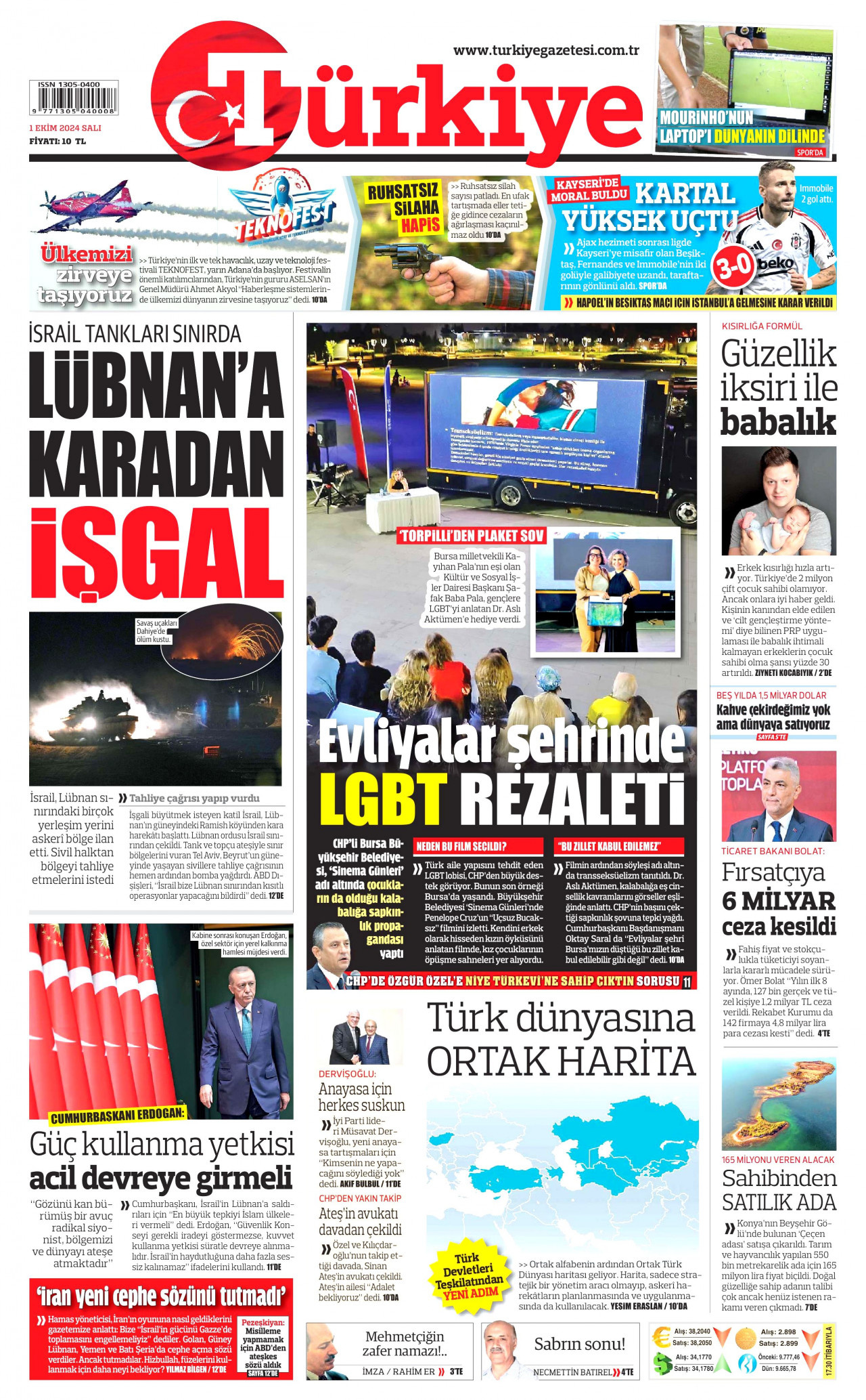 TÜRKİYE GAZETESİ gazetesinin 1 Ekim 2024 tarihli birinci sayfası