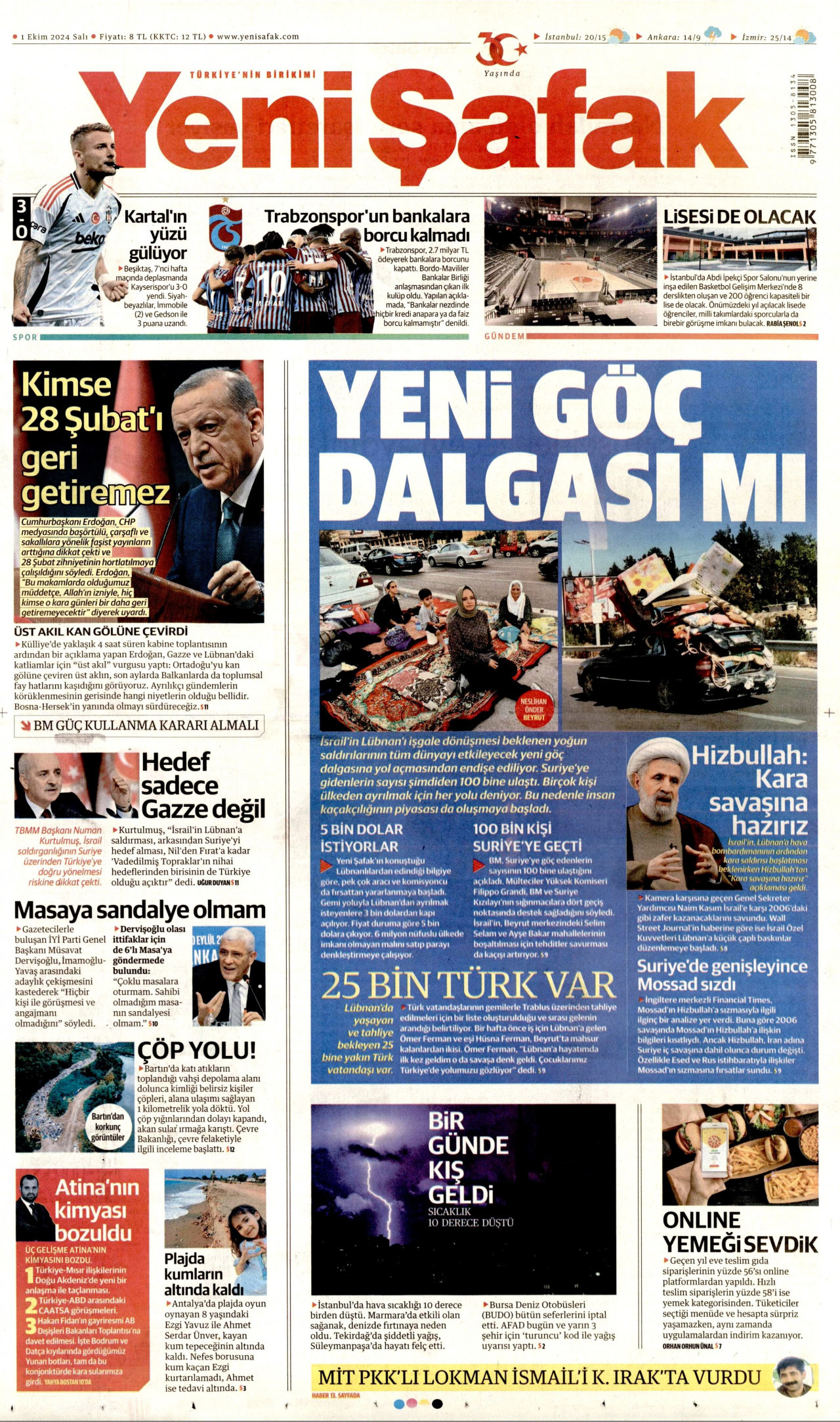 YENİ ŞAFAK gazetesinin 1 Ekim 2024 tarihli birinci sayfası