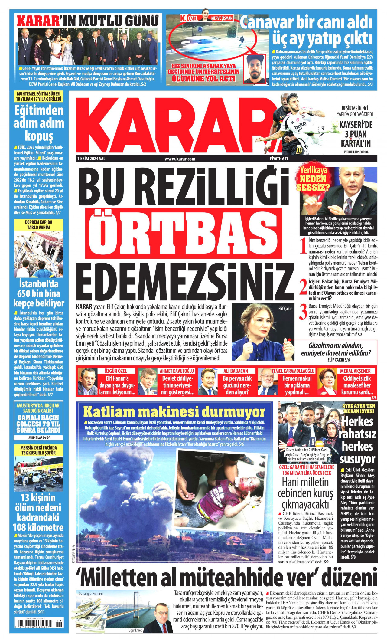 KARAR gazetesinin 1 Ekim 2024 tarihli birinci sayfası