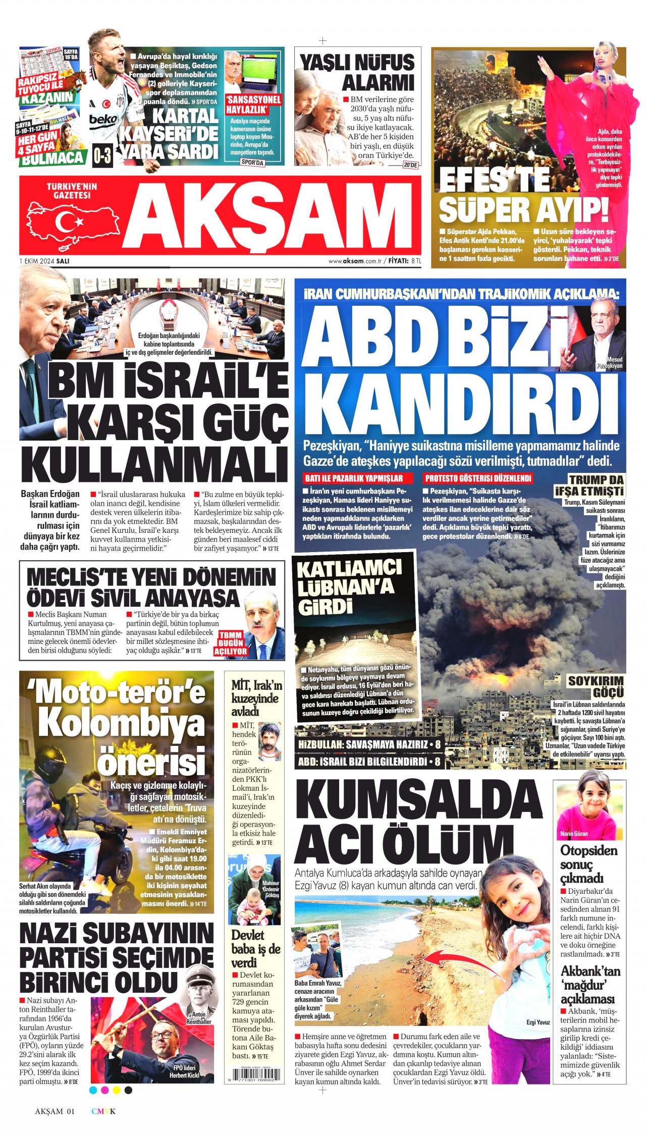 AKŞAM gazetesinin 1 Ekim 2024 tarihli birinci sayfası