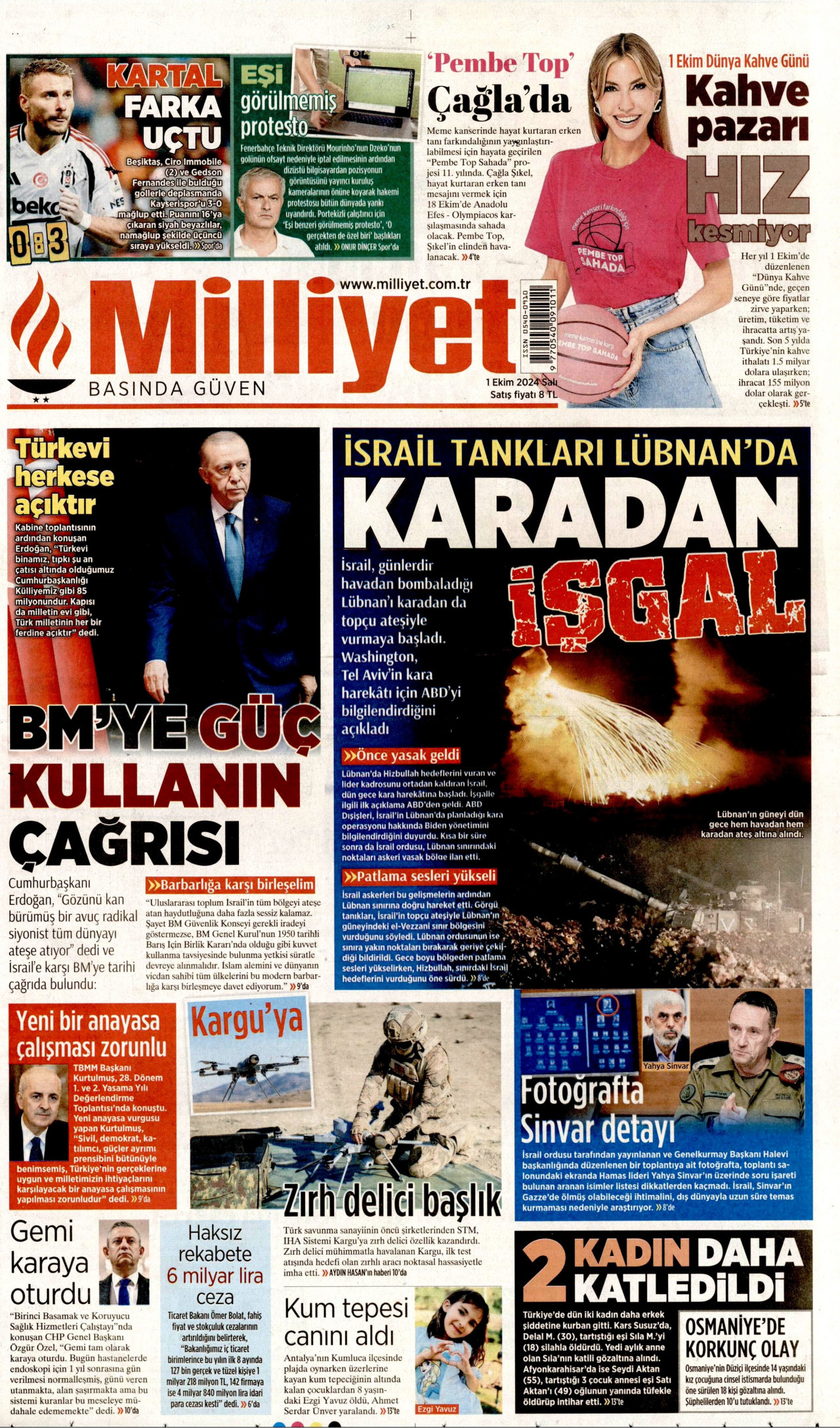 MİLLİYET gazetesinin 1 Ekim 2024 tarihli birinci sayfası