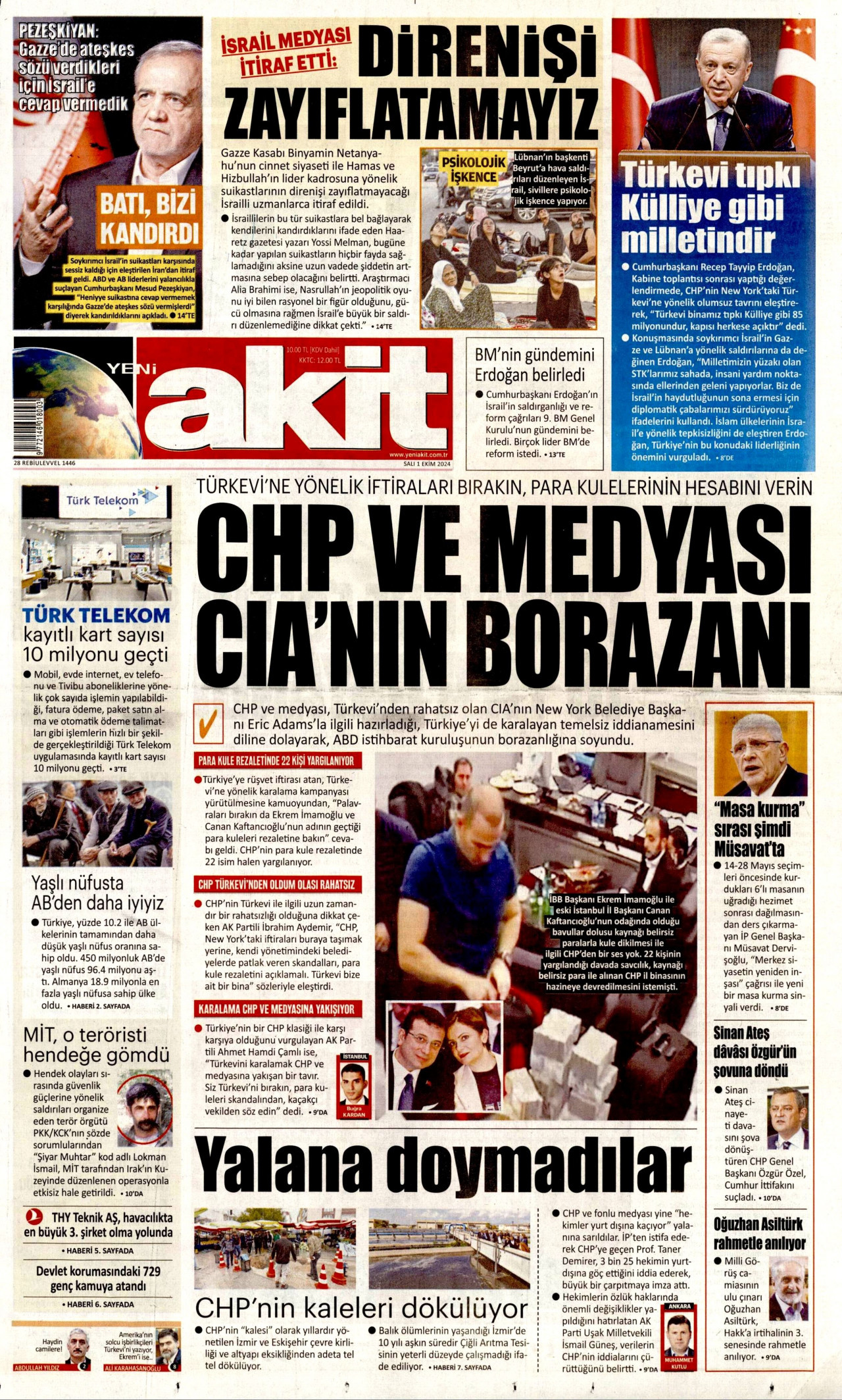 YENİ AKİT gazetesinin 1 Ekim 2024 tarihli birinci sayfası