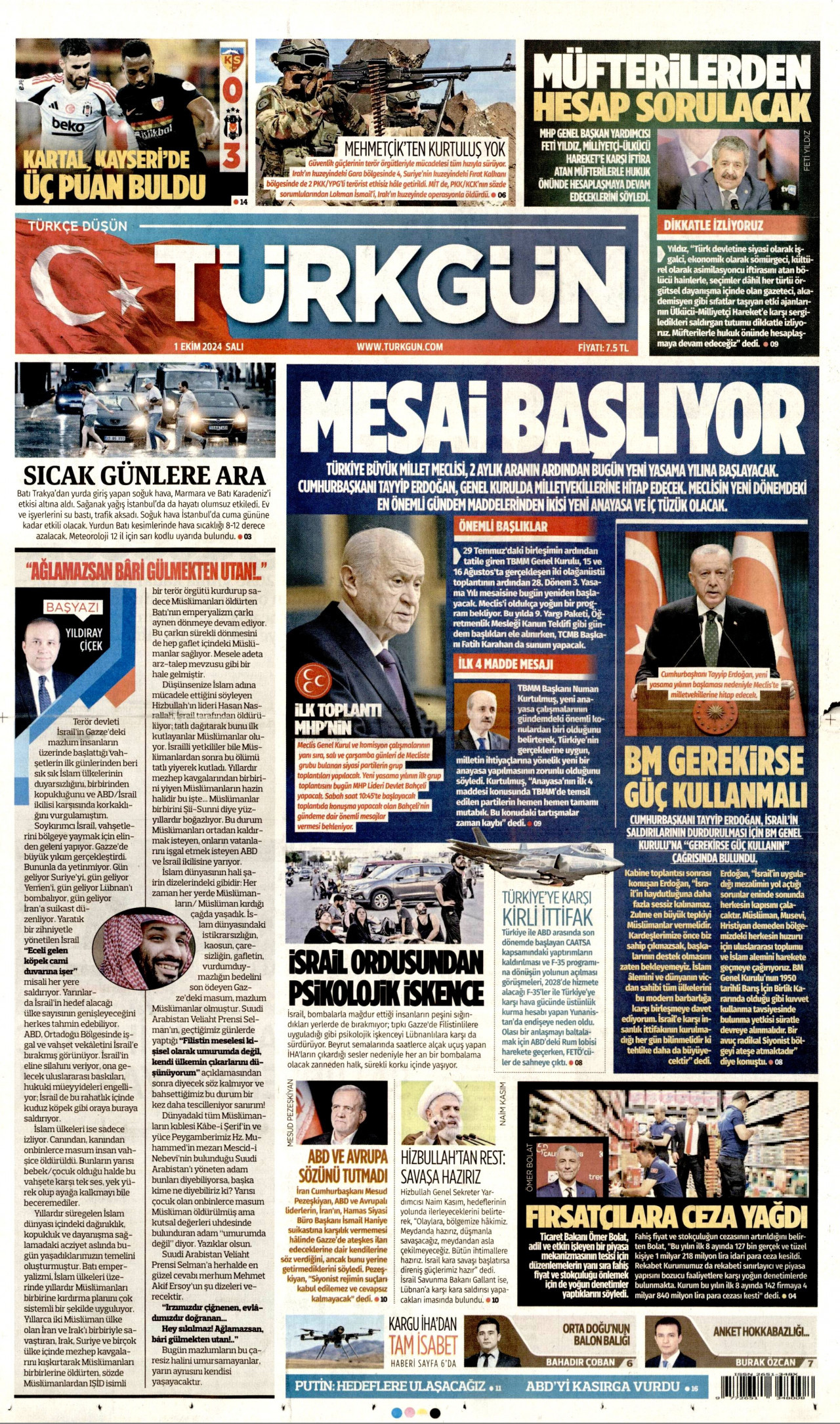 TÜRKGÜN gazetesinin 1 Ekim 2024 tarihli birinci sayfası