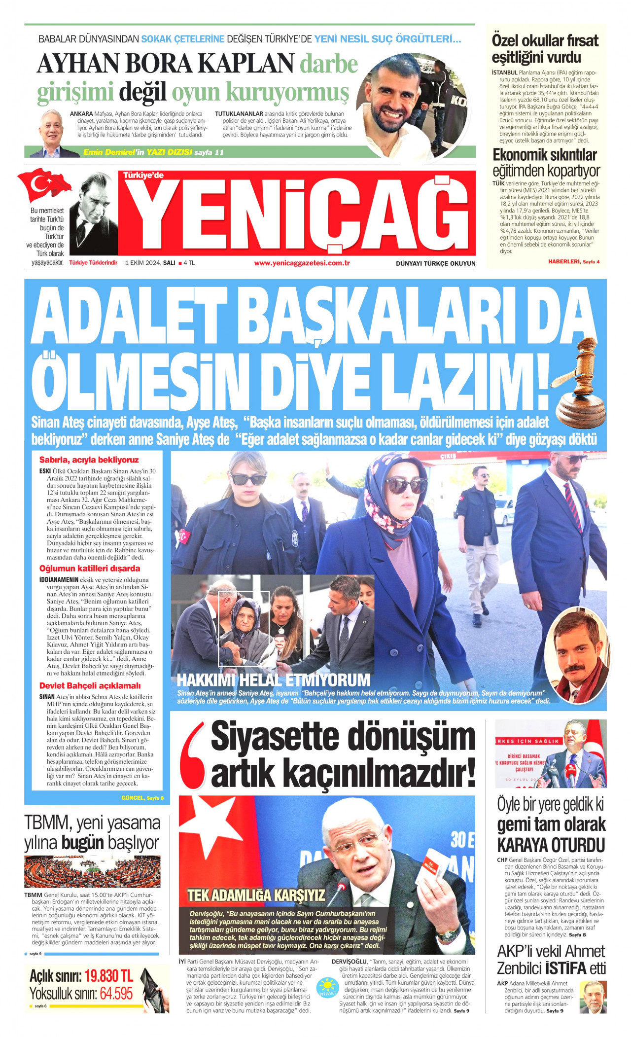 YENİÇAĞ gazetesinin 1 Ekim 2024 tarihli birinci sayfası
