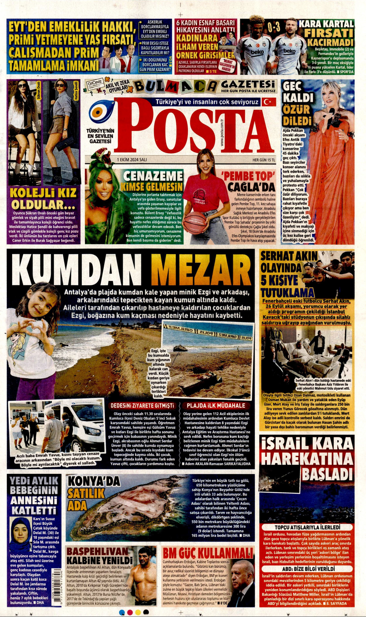 POSTA gazetesinin 1 Ekim 2024 tarihli birinci sayfası