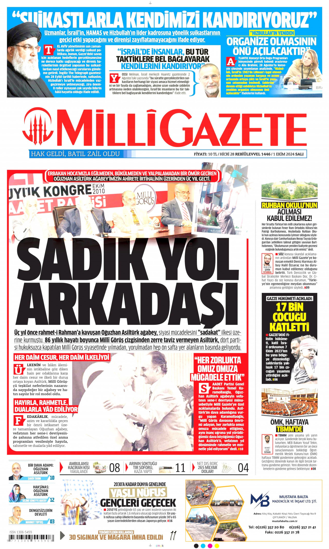MİLLİ GAZETE gazetesinin 1 Ekim 2024 tarihli birinci sayfası