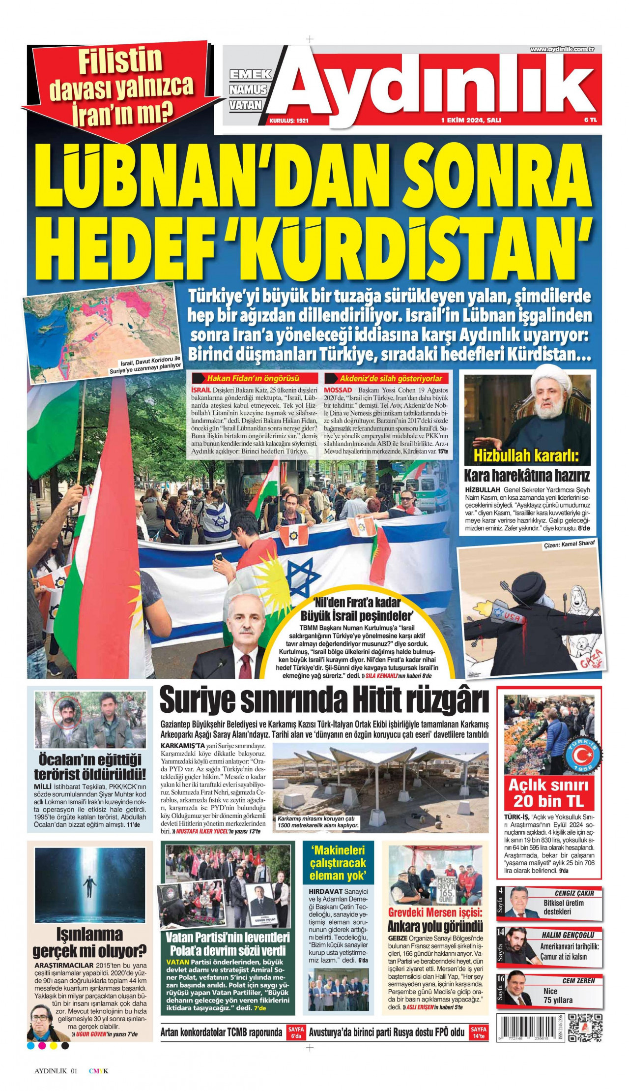 AYDINLIK GAZETESİ gazetesinin 1 Ekim 2024 tarihli birinci sayfası