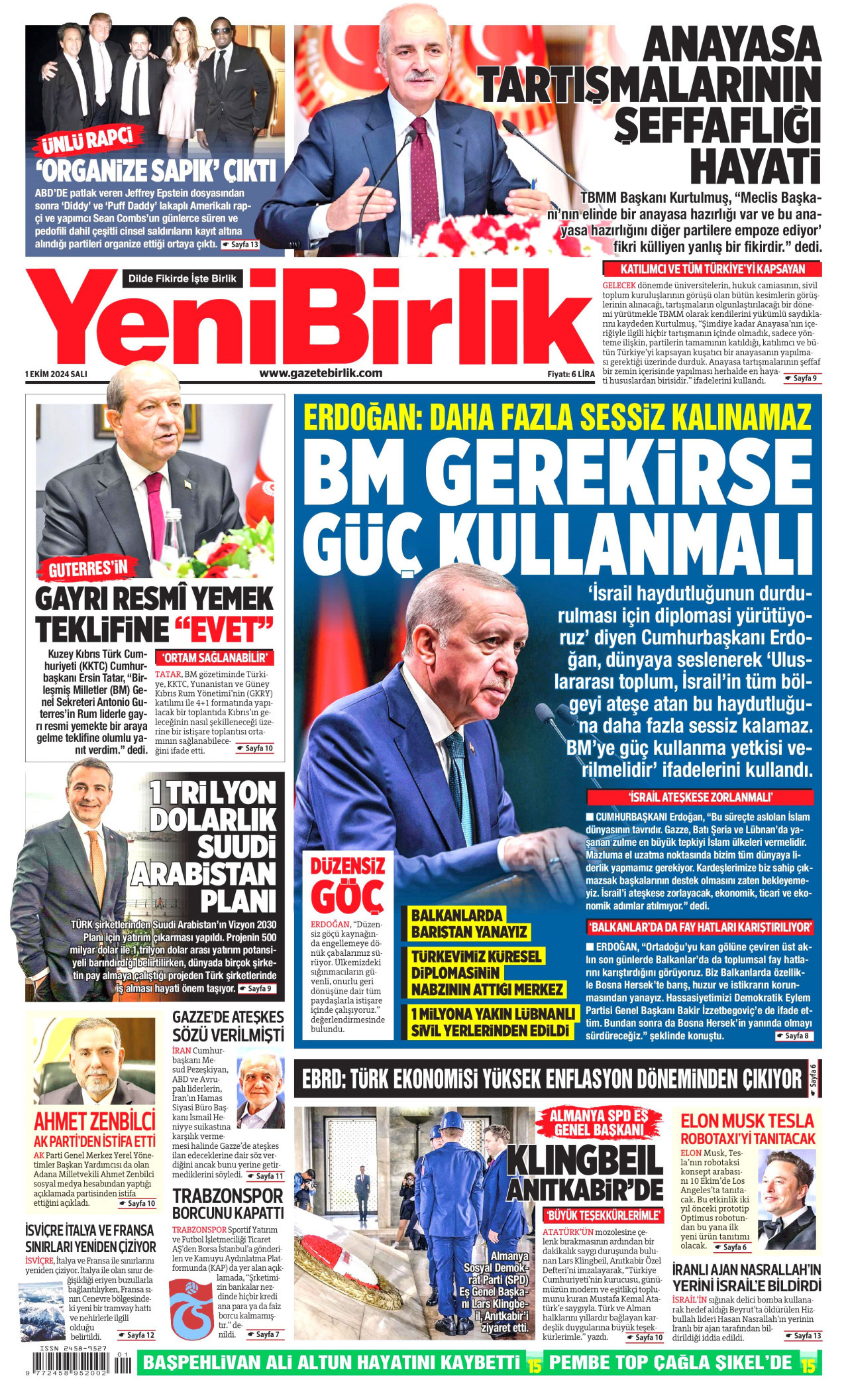 YENİBİRLİK gazetesinin 1 Ekim 2024 tarihli birinci sayfası