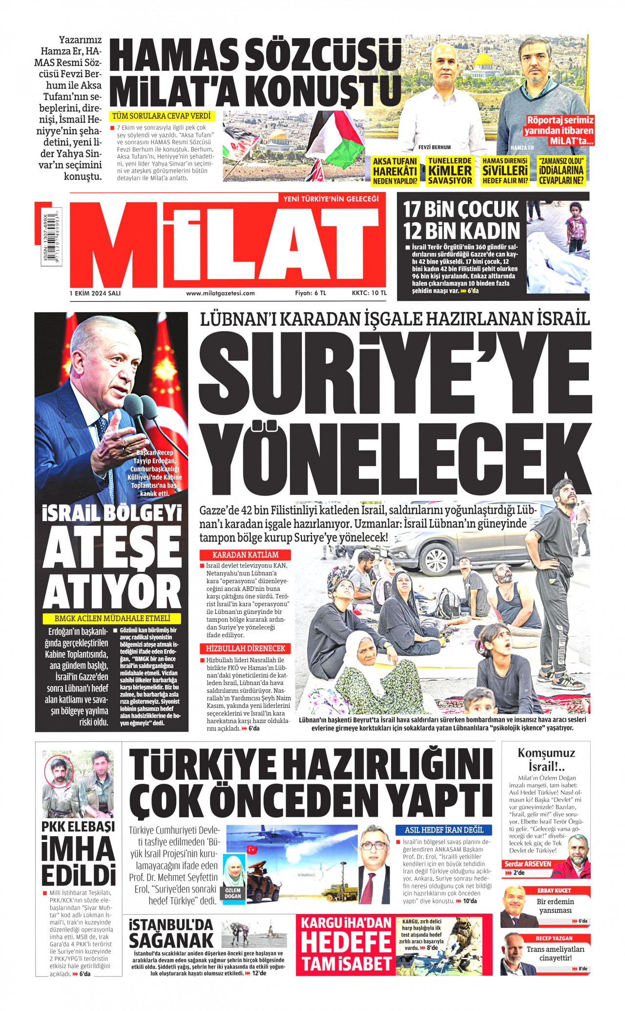 MİLAT gazetesinin 1 Ekim 2024 tarihli birinci sayfası