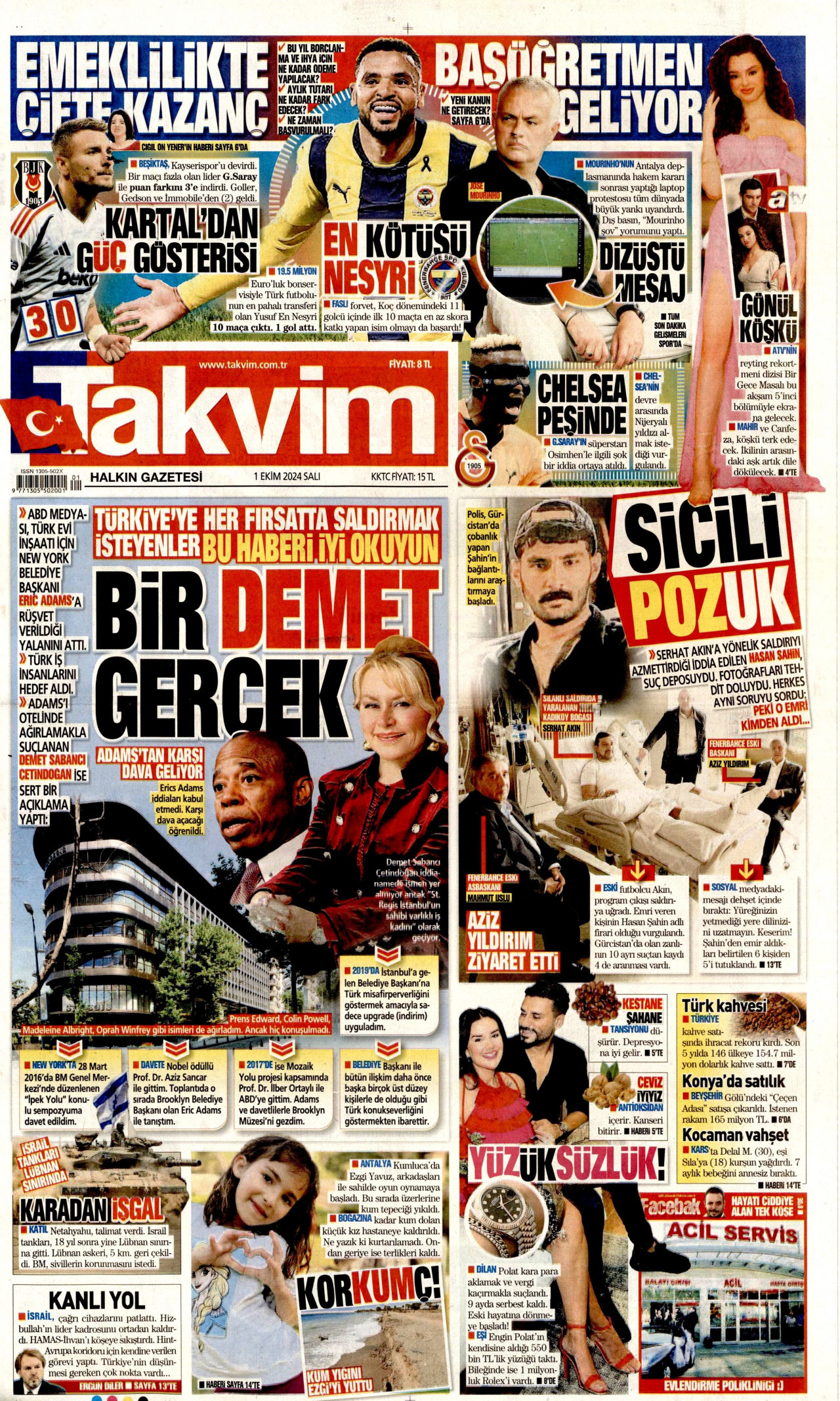 TAKVİM gazetesinin 1 Ekim 2024 tarihli birinci sayfası