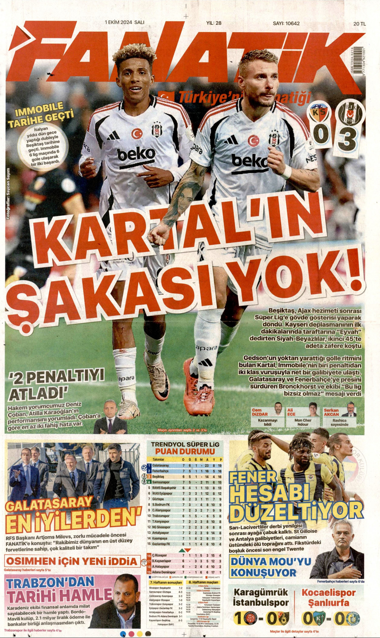 FANATİK gazetesinin 1 Ekim 2024 tarihli birinci sayfası