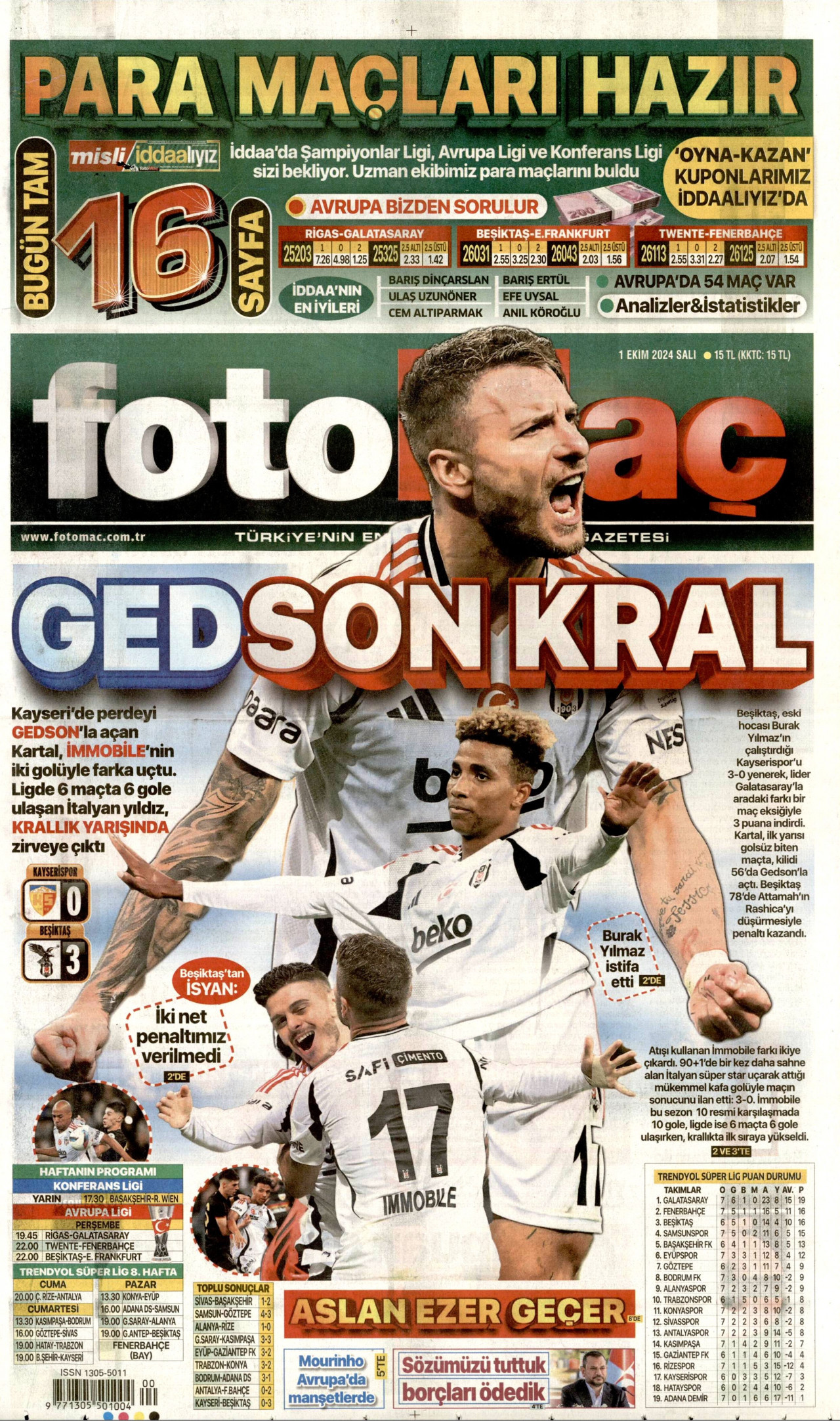 FOTOMAÇ gazetesinin 1 Ekim 2024 tarihli birinci sayfası