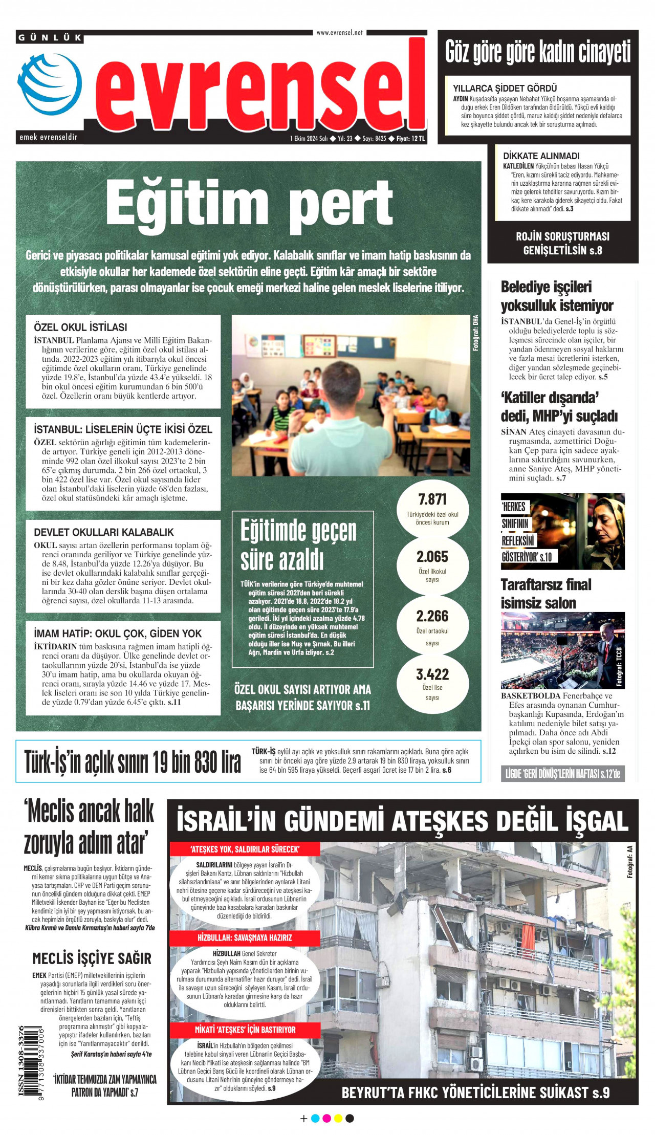 EVRENSEL gazetesinin 1 Ekim 2024 tarihli birinci sayfası