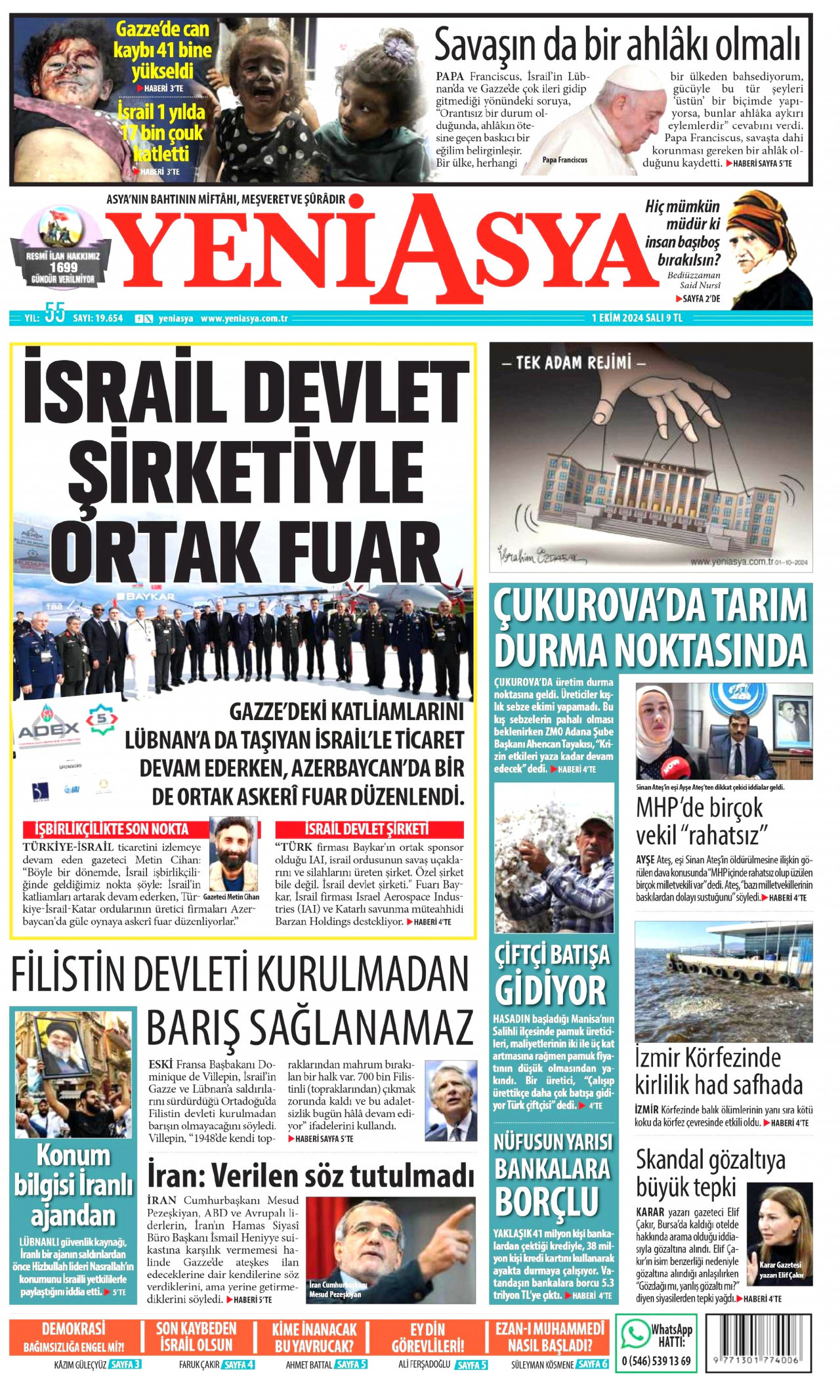 YENİ ASYA gazetesinin 1 Ekim 2024 tarihli birinci sayfası
