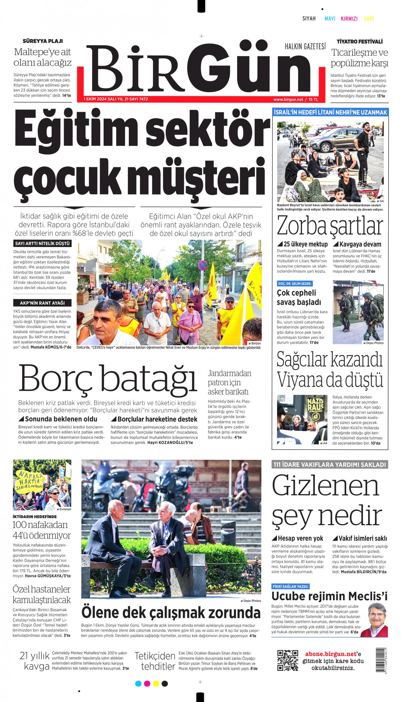 BİRGÜN gazetesinin 1 Ekim 2024 tarihli birinci sayfası