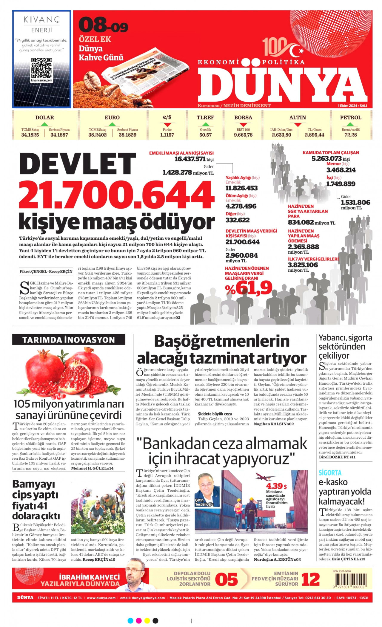 DÜNYA gazetesinin 1 Ekim 2024 tarihli birinci sayfası