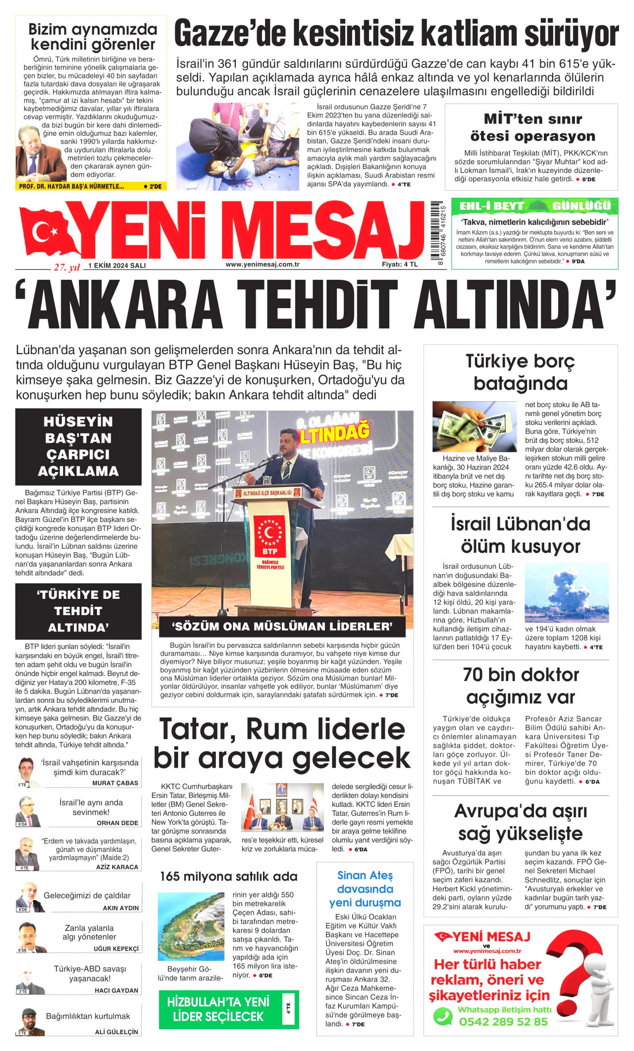 YENİ MESAJ gazetesinin 1 Ekim 2024 tarihli birinci sayfası