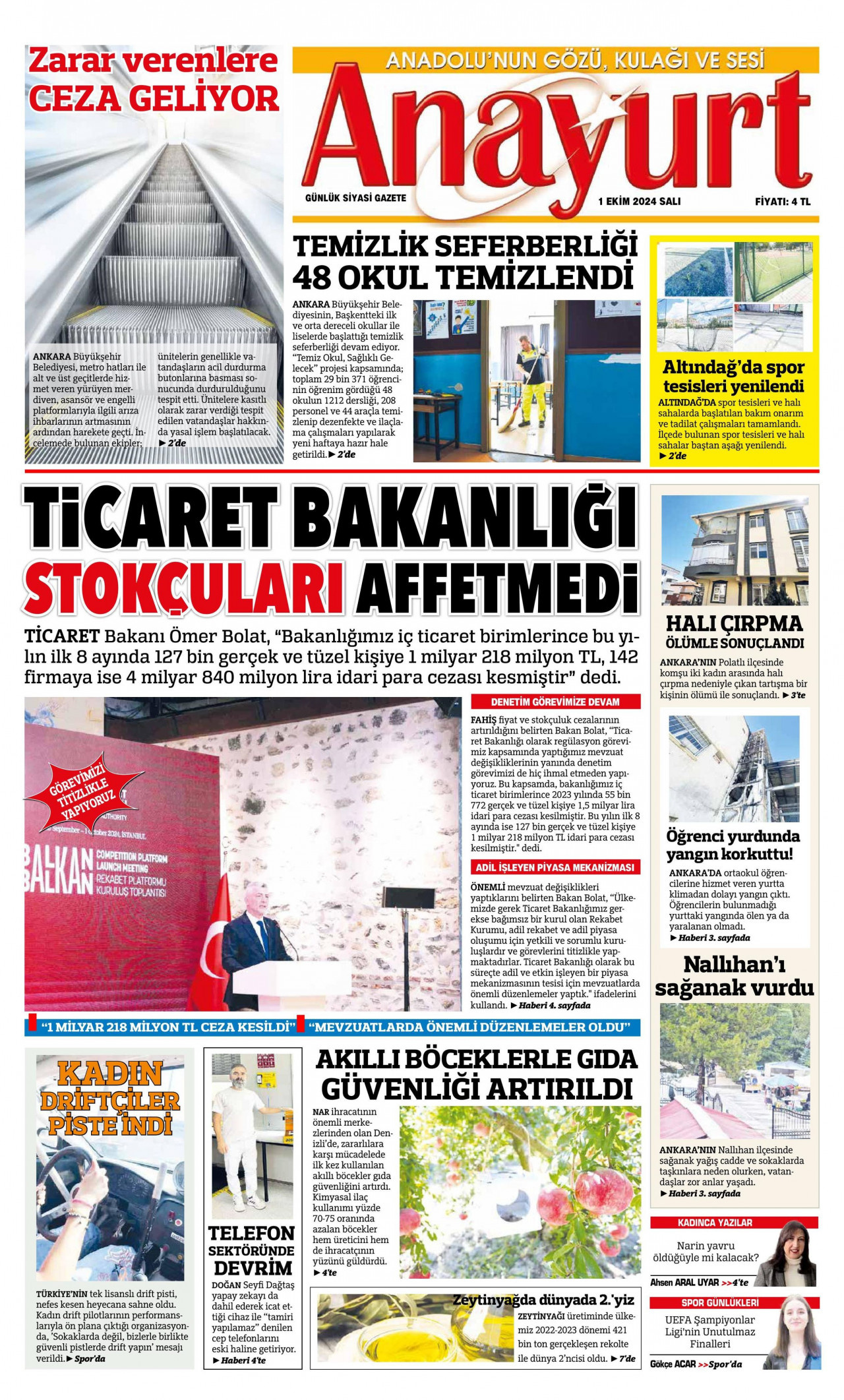 ANAYURT gazetesinin 1 Ekim 2024 tarihli birinci sayfası