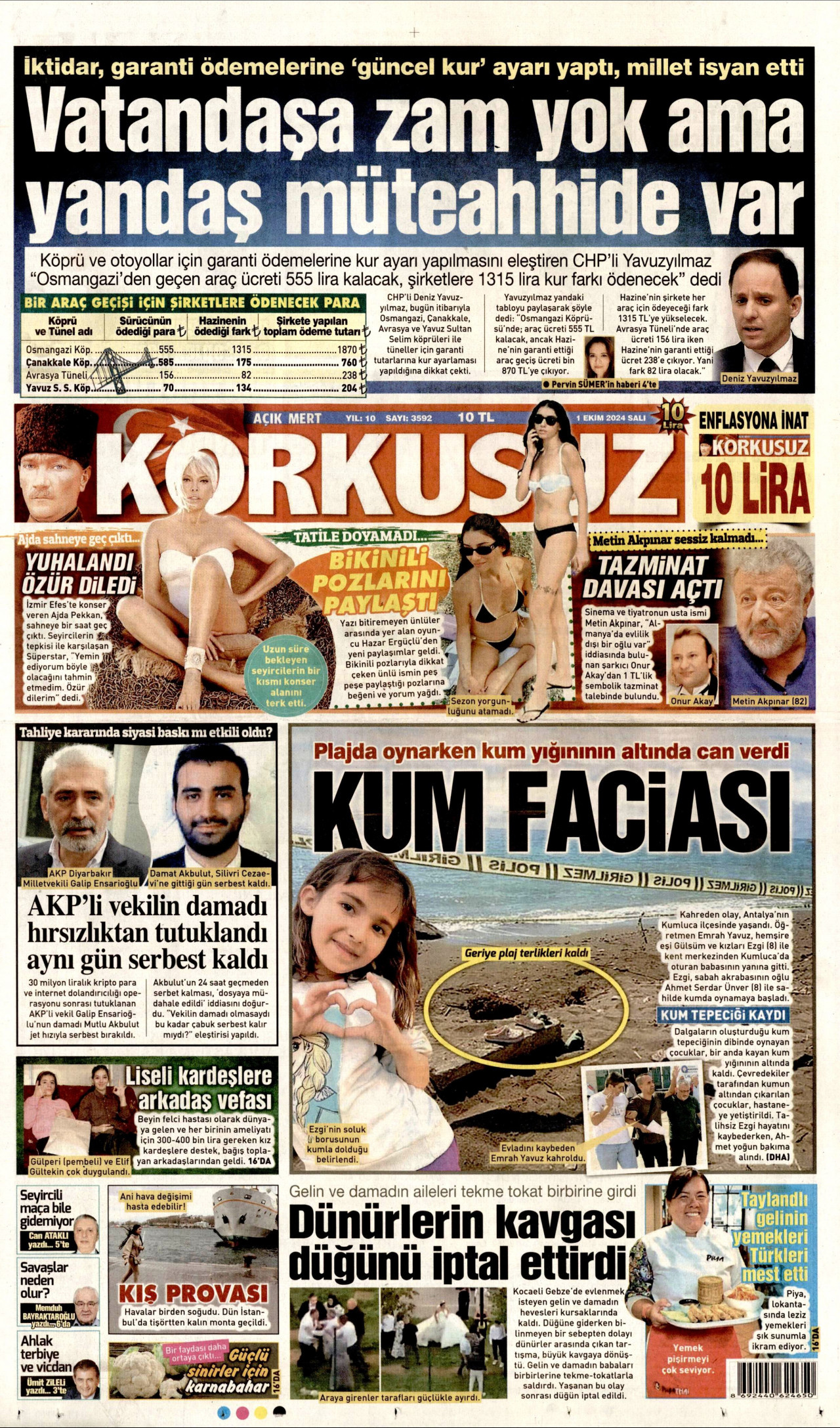 KORKUSUZ gazetesinin 1 Ekim 2024 tarihli birinci sayfası