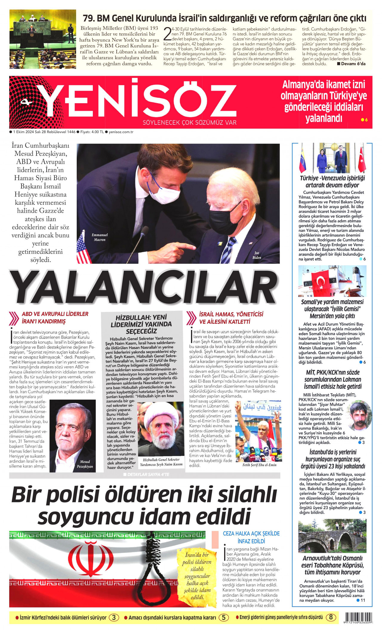 YENİ SÖZ GAZETESİ gazetesinin 1 Ekim 2024 tarihli birinci sayfası
