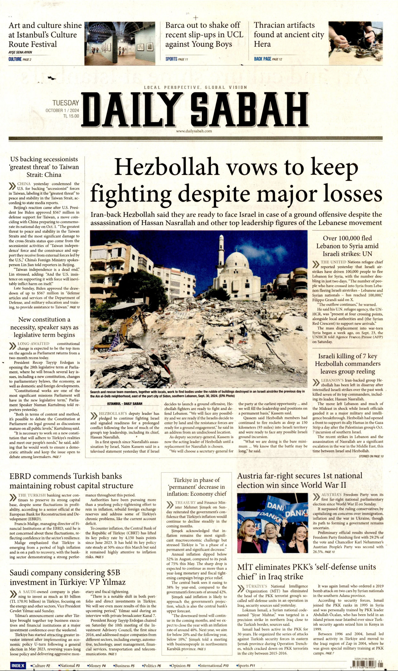 DAİLY SABAH gazetesinin 1 Ekim 2024 tarihli birinci sayfası