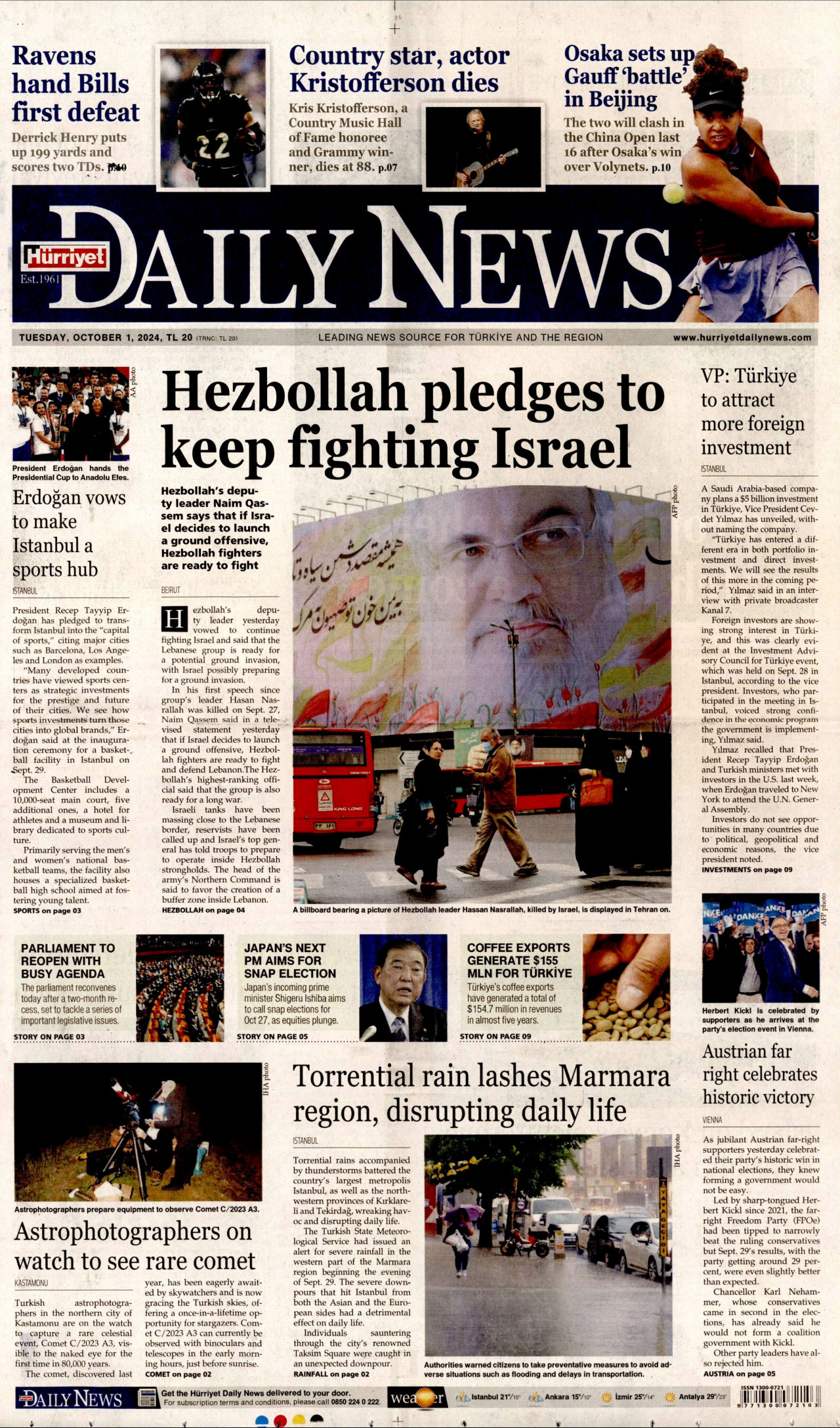 HÜRRİYET DAİLY NEWS gazetesinin 1 Ekim 2024 tarihli birinci sayfası