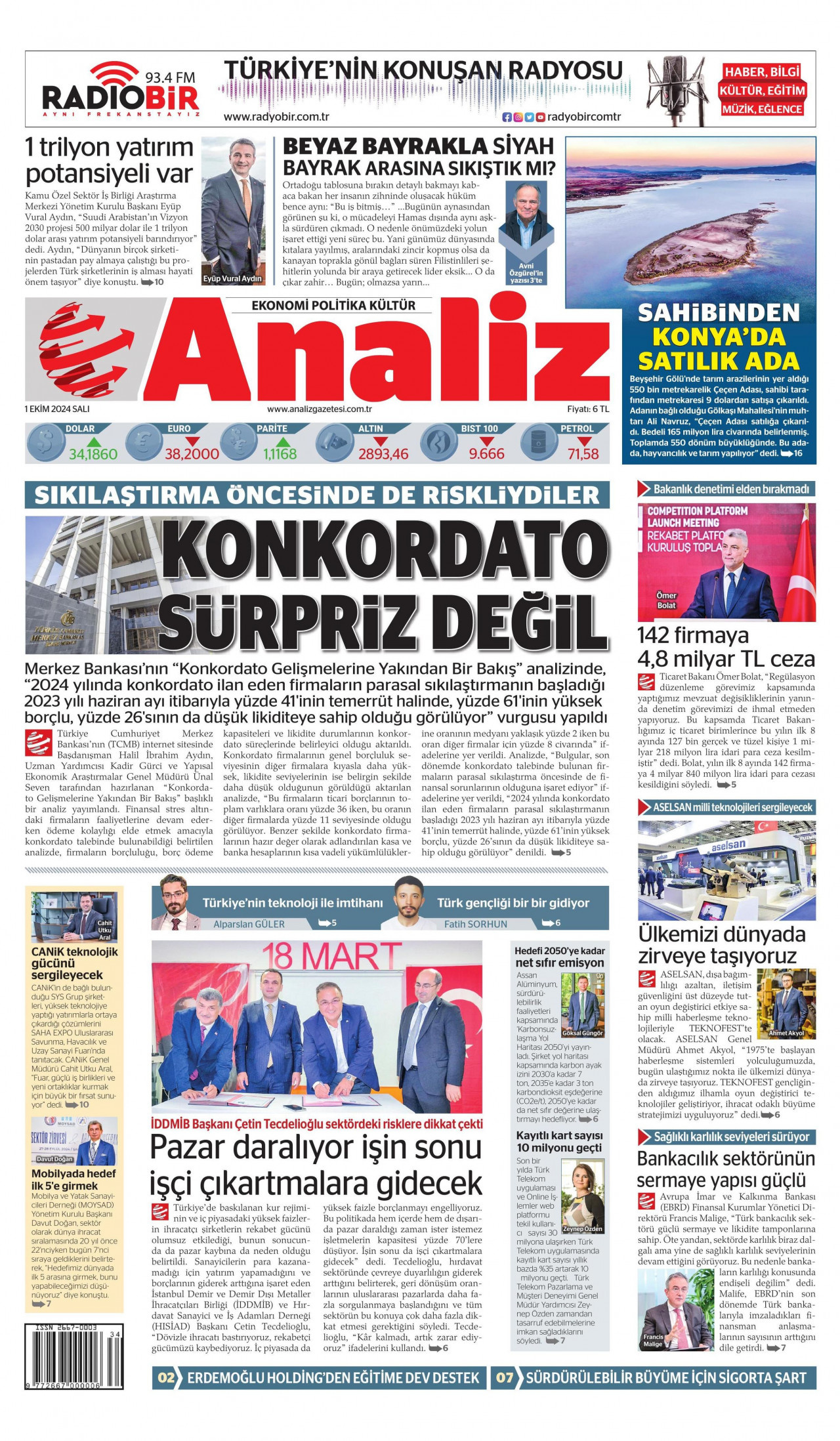 ANALİZ gazetesinin 1 Ekim 2024 tarihli birinci sayfası