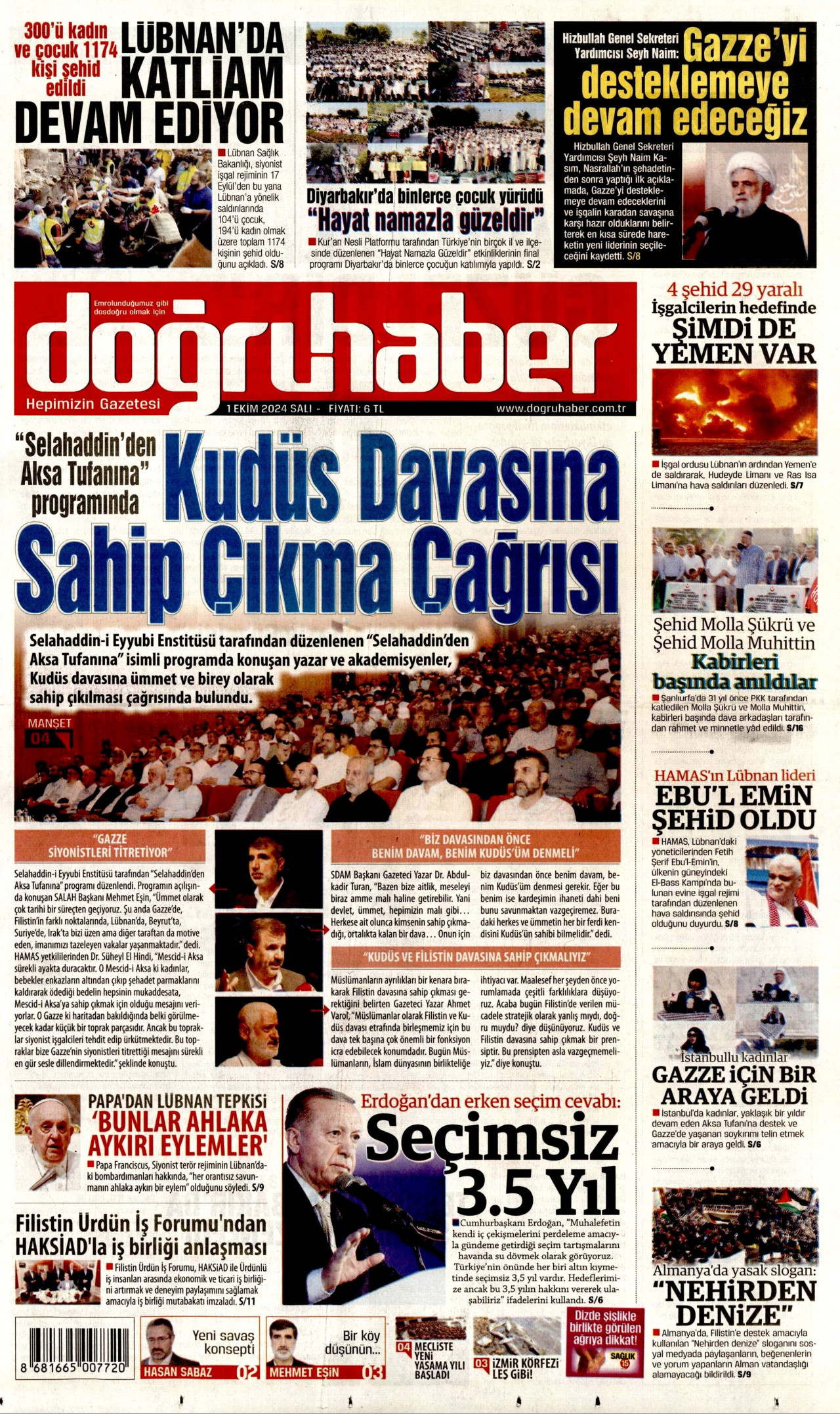 DOĞRU HABER gazetesinin 1 Ekim 2024 tarihli birinci sayfası
