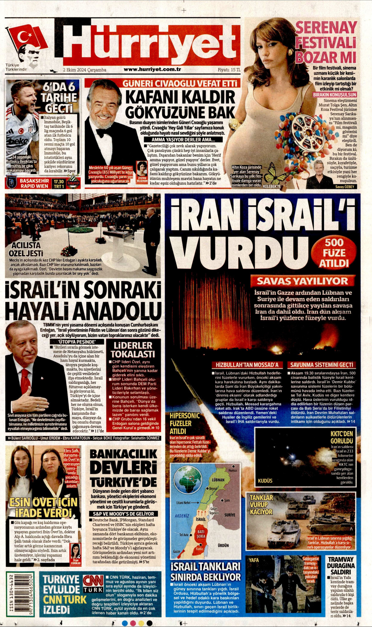 HÜRRİYET gazetesinin 2 Ekim 2024 tarihli birinci sayfası