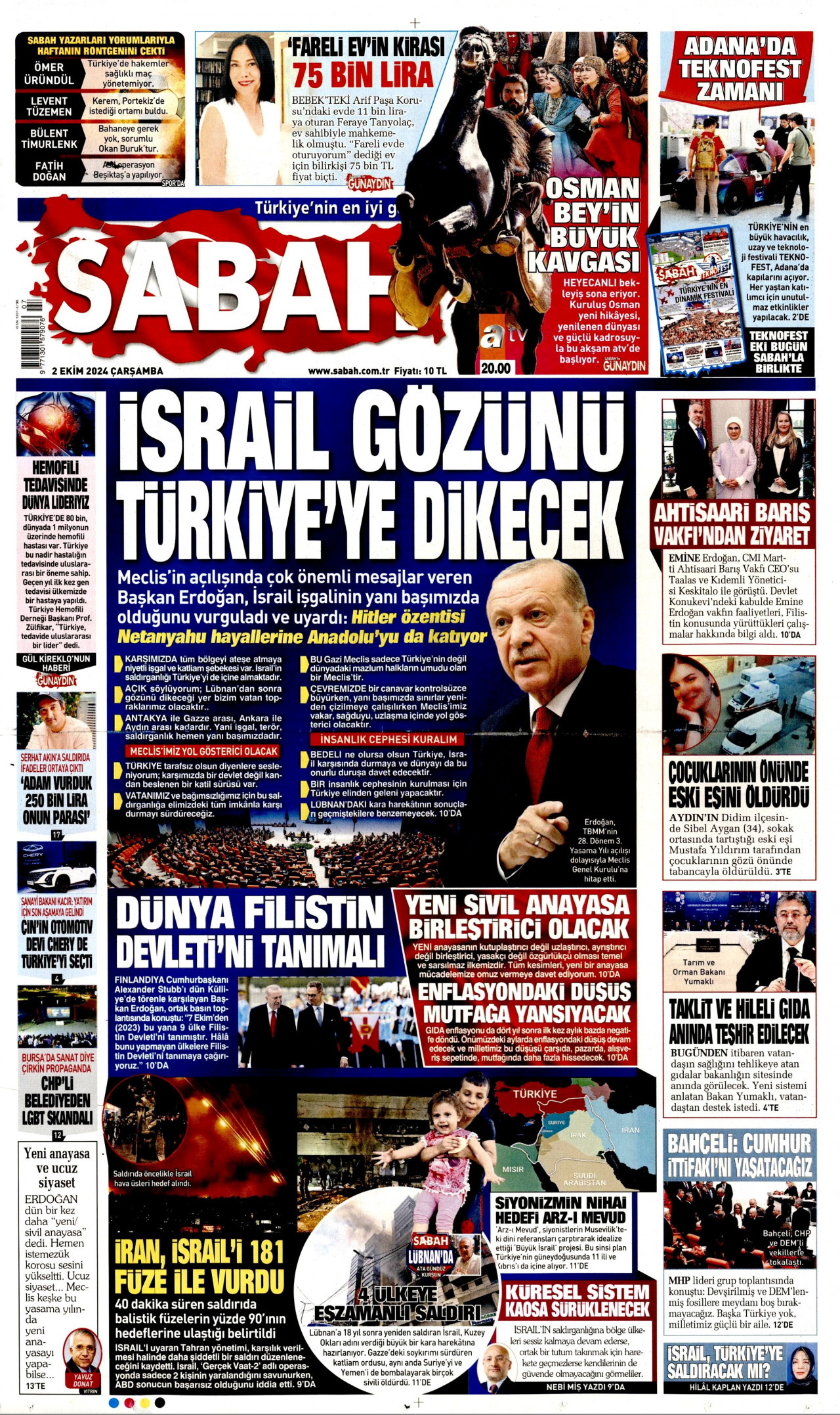 SABAH gazetesinin 2 Ekim 2024 tarihli birinci sayfası