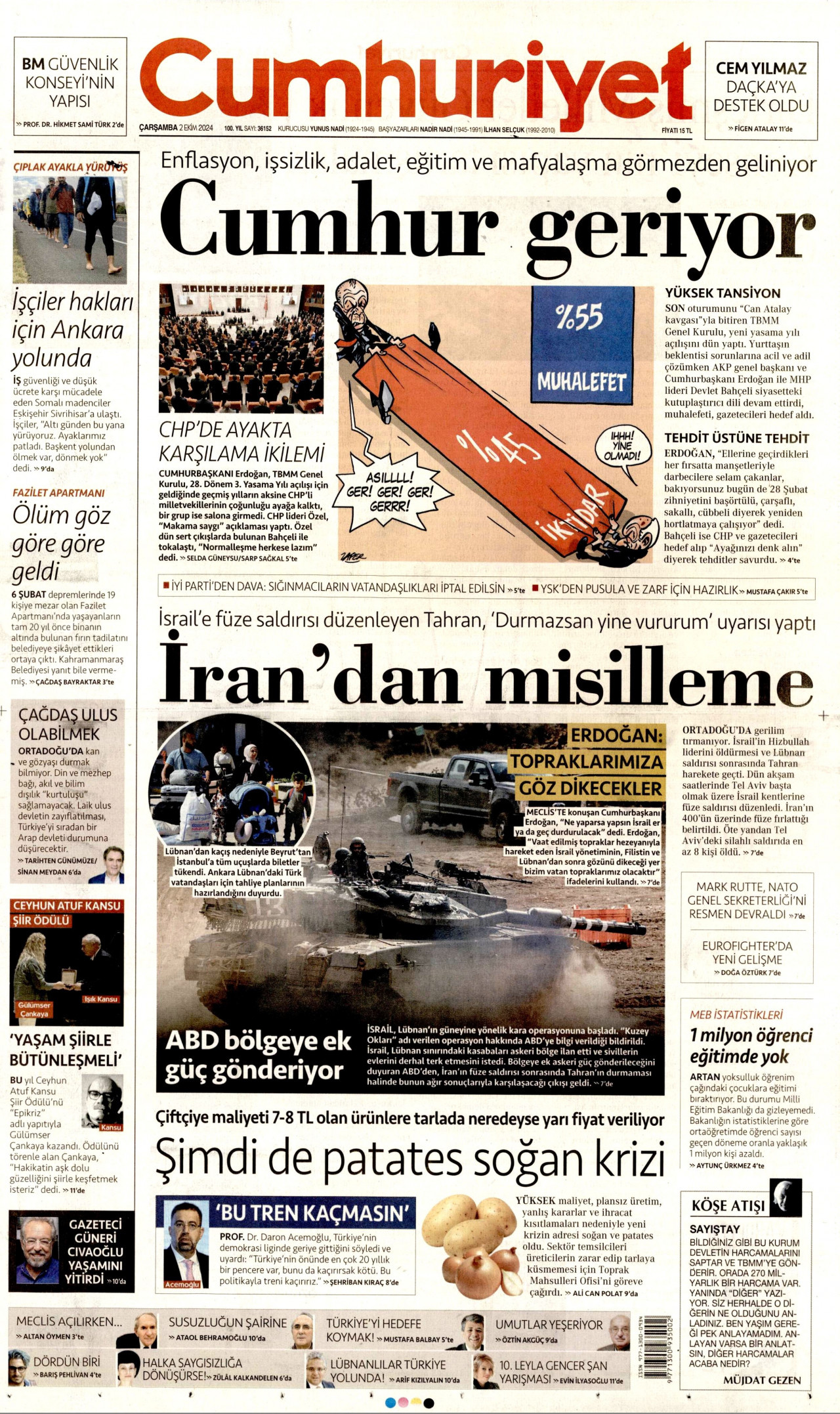 CUMHURİYET gazetesinin 2 Ekim 2024 tarihli birinci sayfası