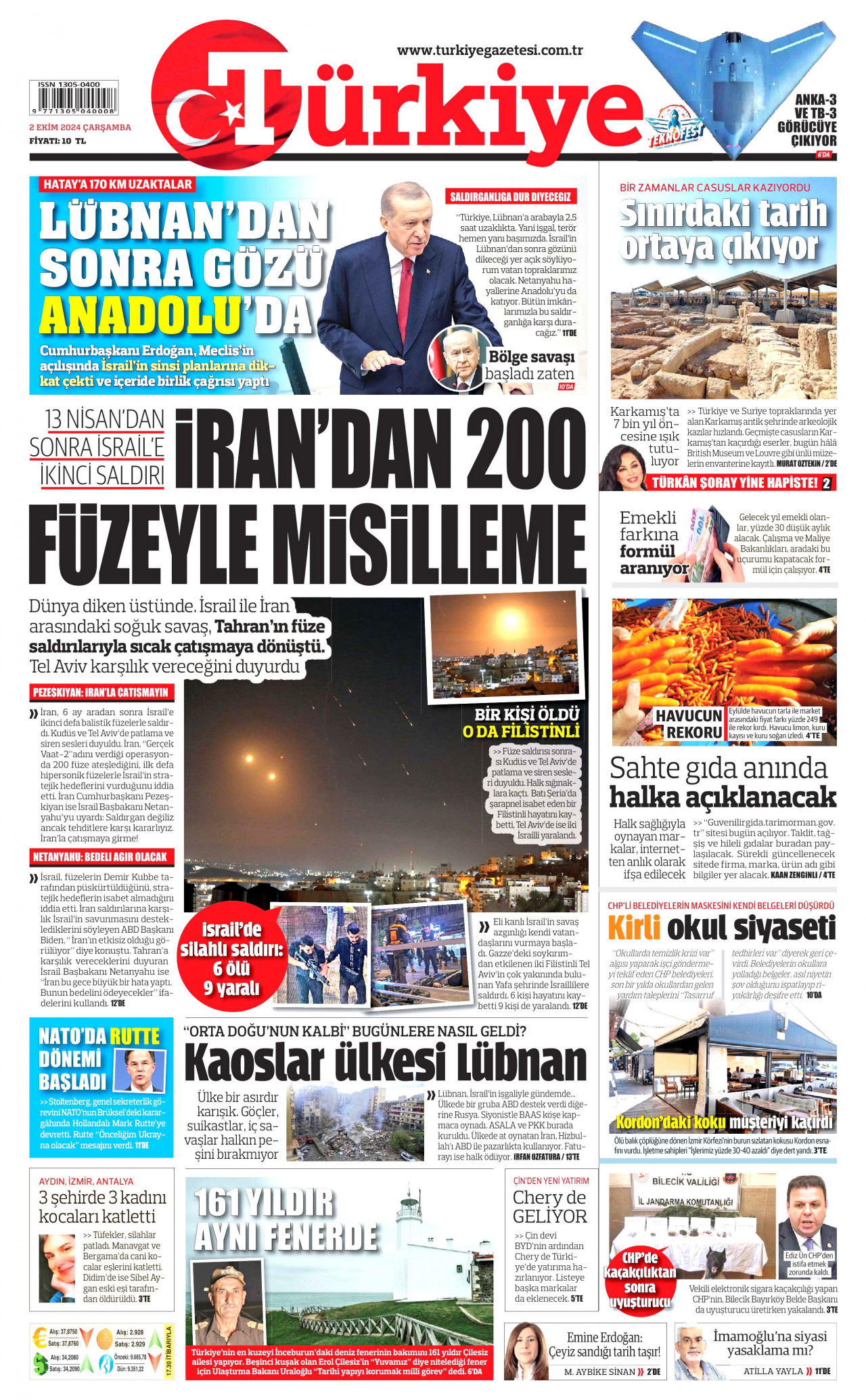 TÜRKİYE GAZETESİ gazetesinin 2 Ekim 2024 tarihli birinci sayfası