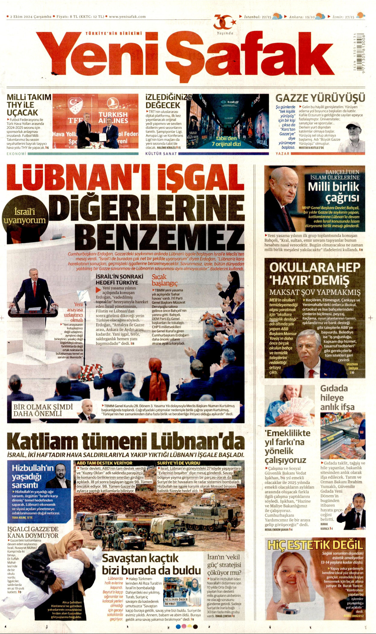 YENİ ŞAFAK gazetesinin 2 Ekim 2024 tarihli birinci sayfası