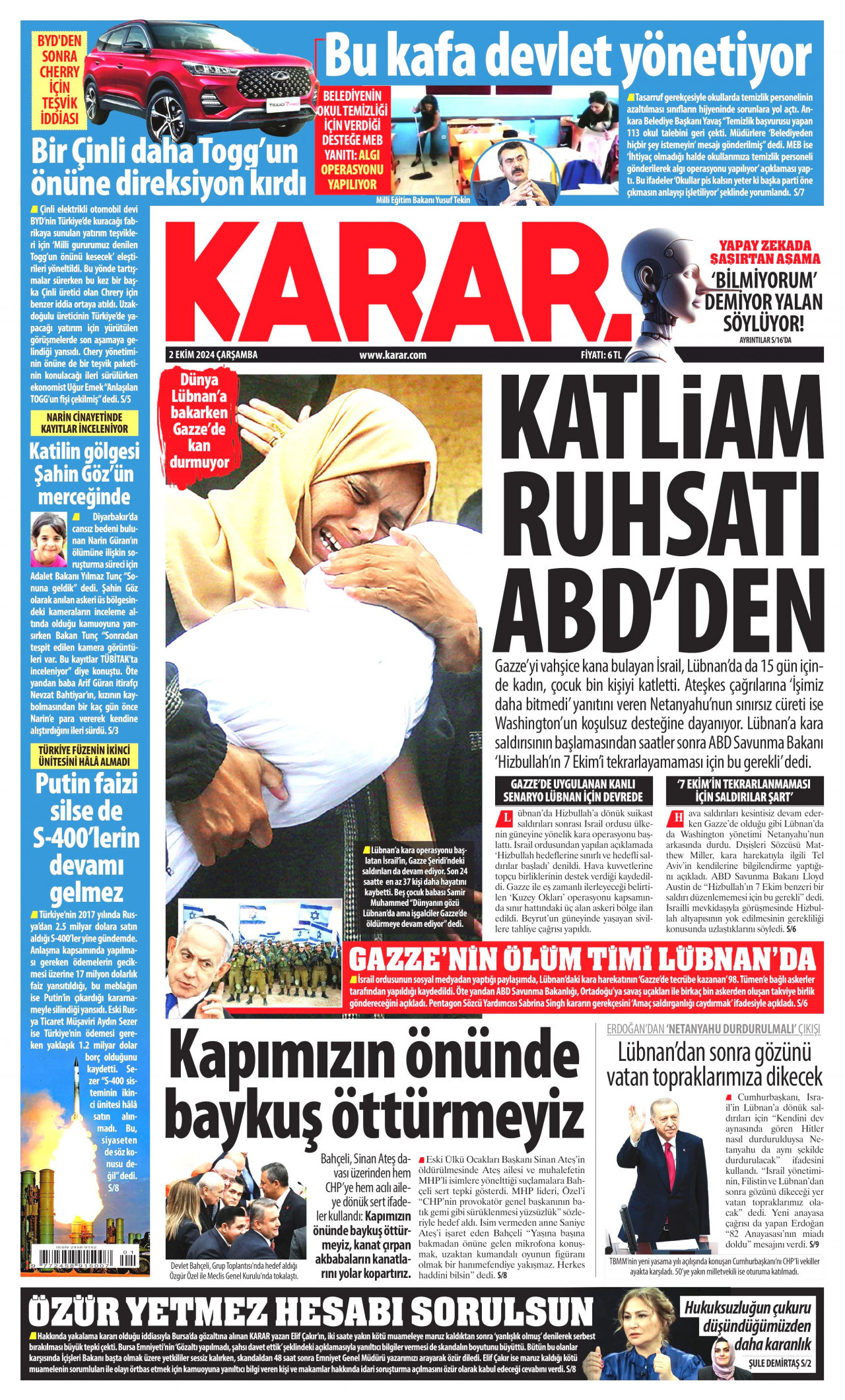 KARAR gazetesinin 2 Ekim 2024 tarihli birinci sayfası