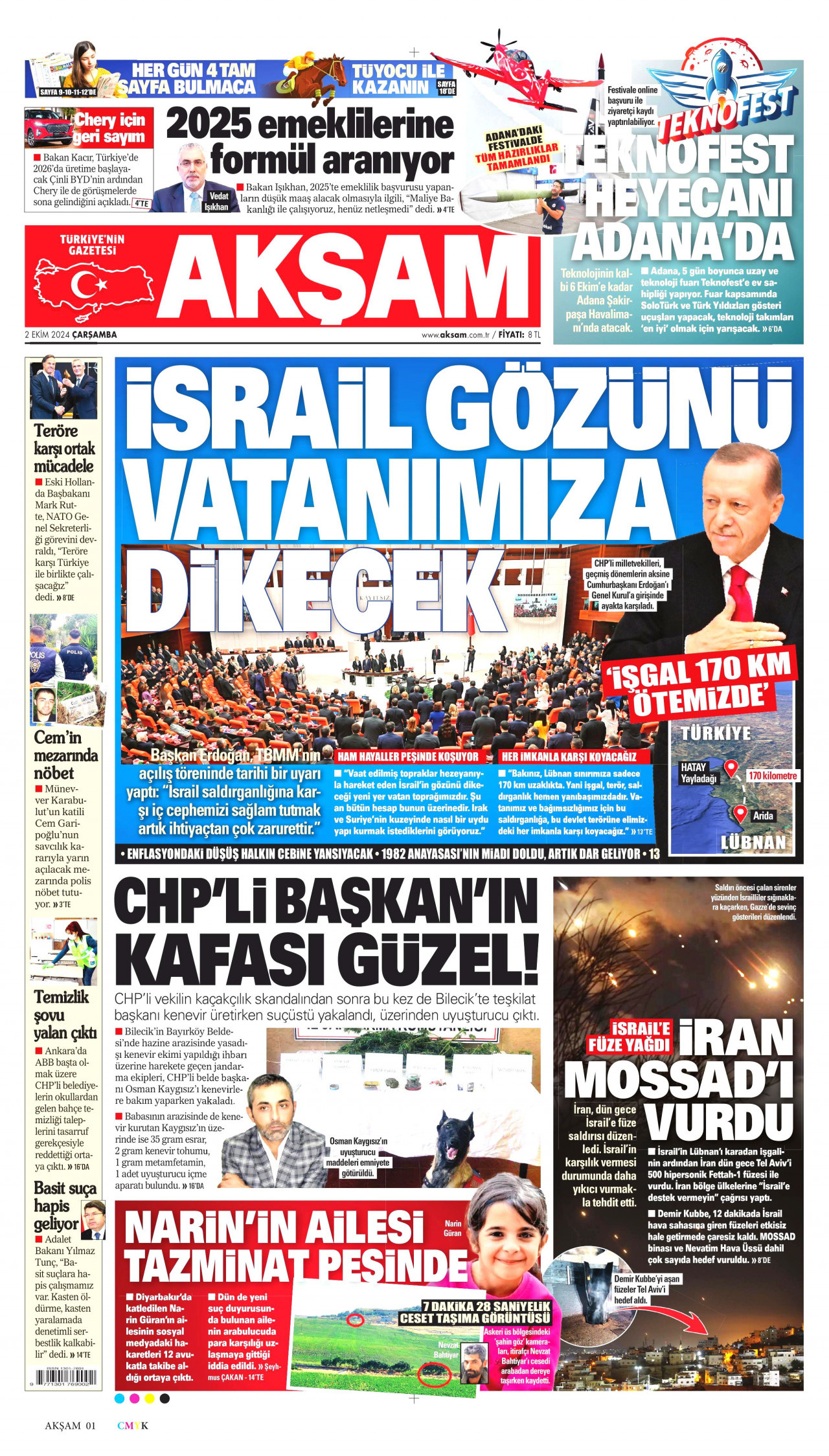 AKŞAM gazetesinin 2 Ekim 2024 tarihli birinci sayfası