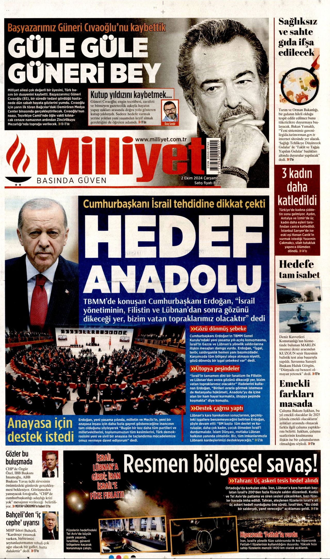 MİLLİYET gazetesinin 2 Ekim 2024 tarihli birinci sayfası