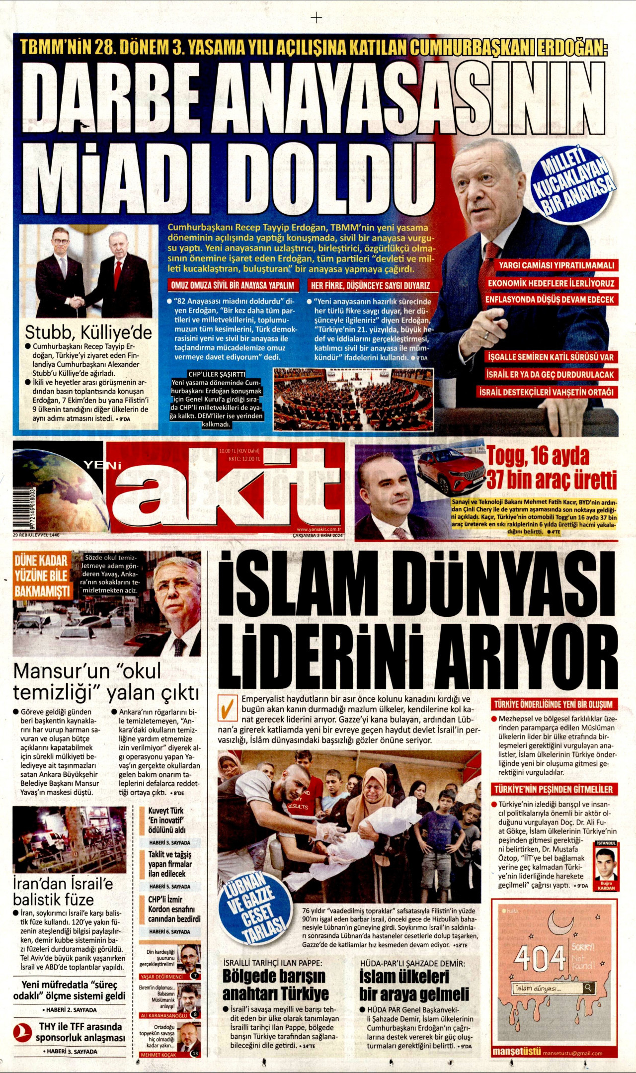 YENİ AKİT gazetesinin 2 Ekim 2024 tarihli birinci sayfası