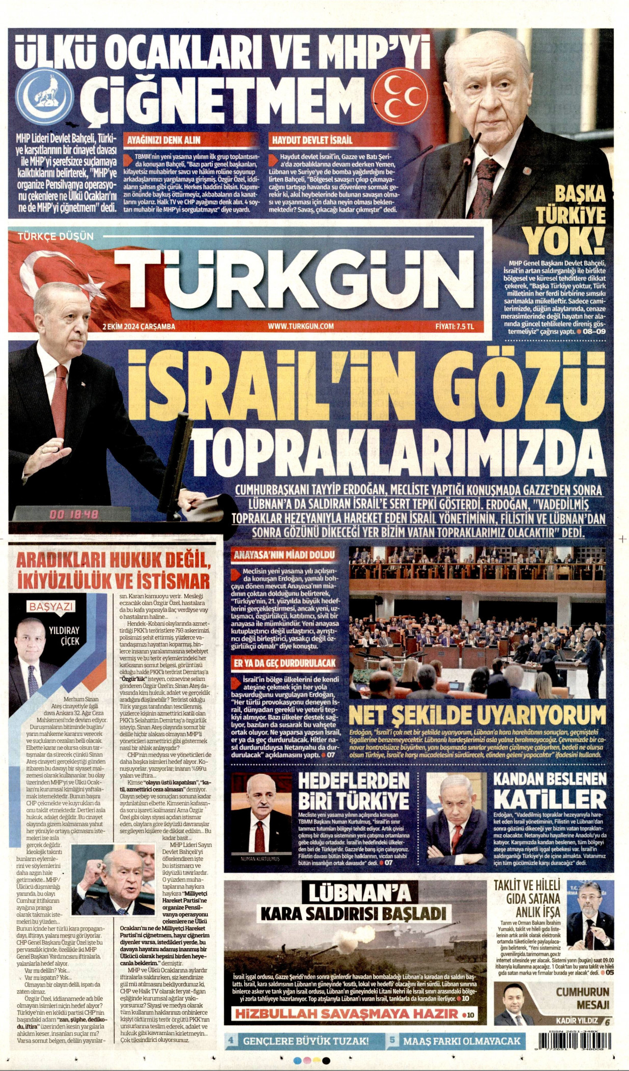 TÜRKGÜN gazetesinin 2 Ekim 2024 tarihli birinci sayfası