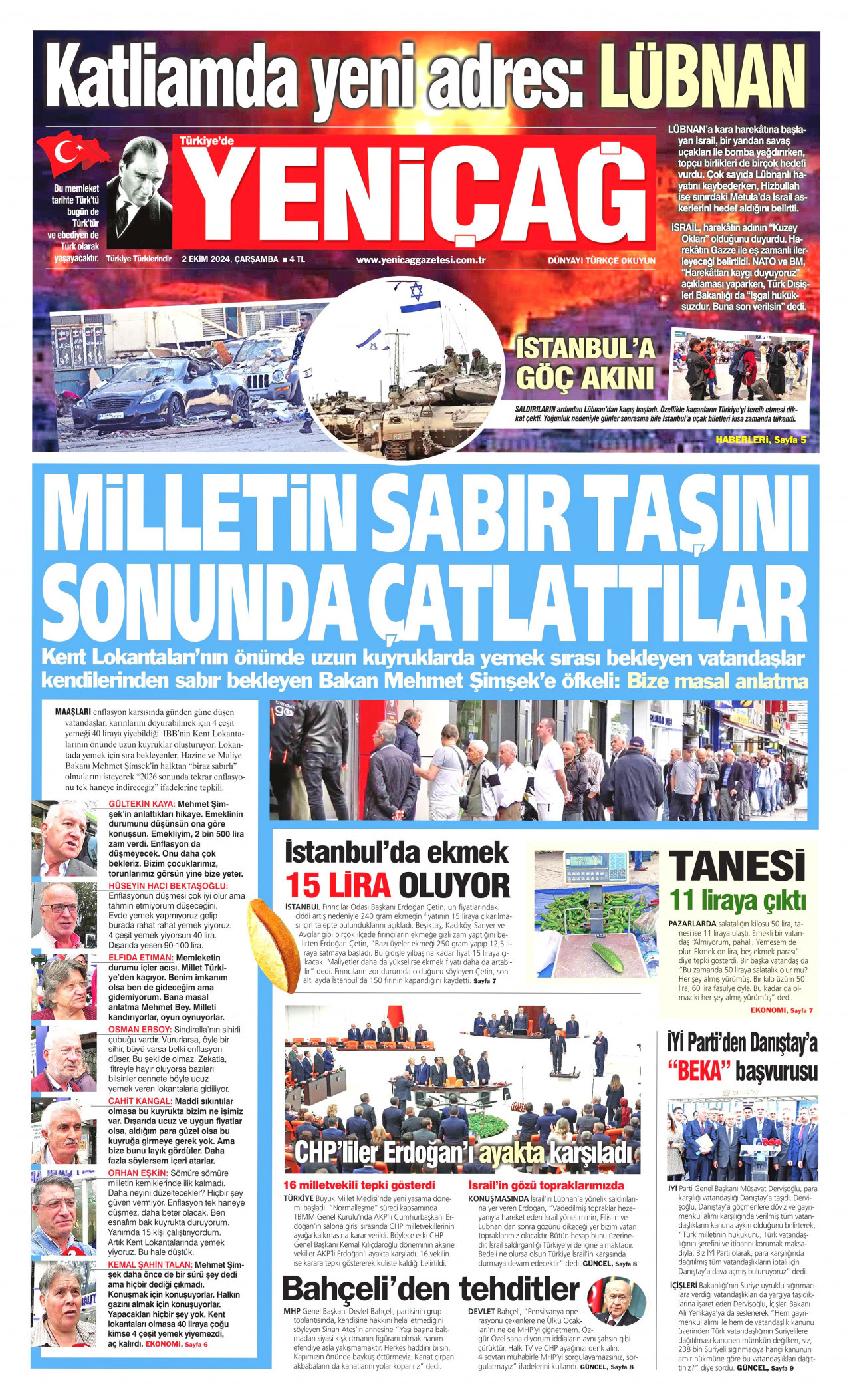 YENİÇAĞ gazetesinin 2 Ekim 2024 tarihli birinci sayfası